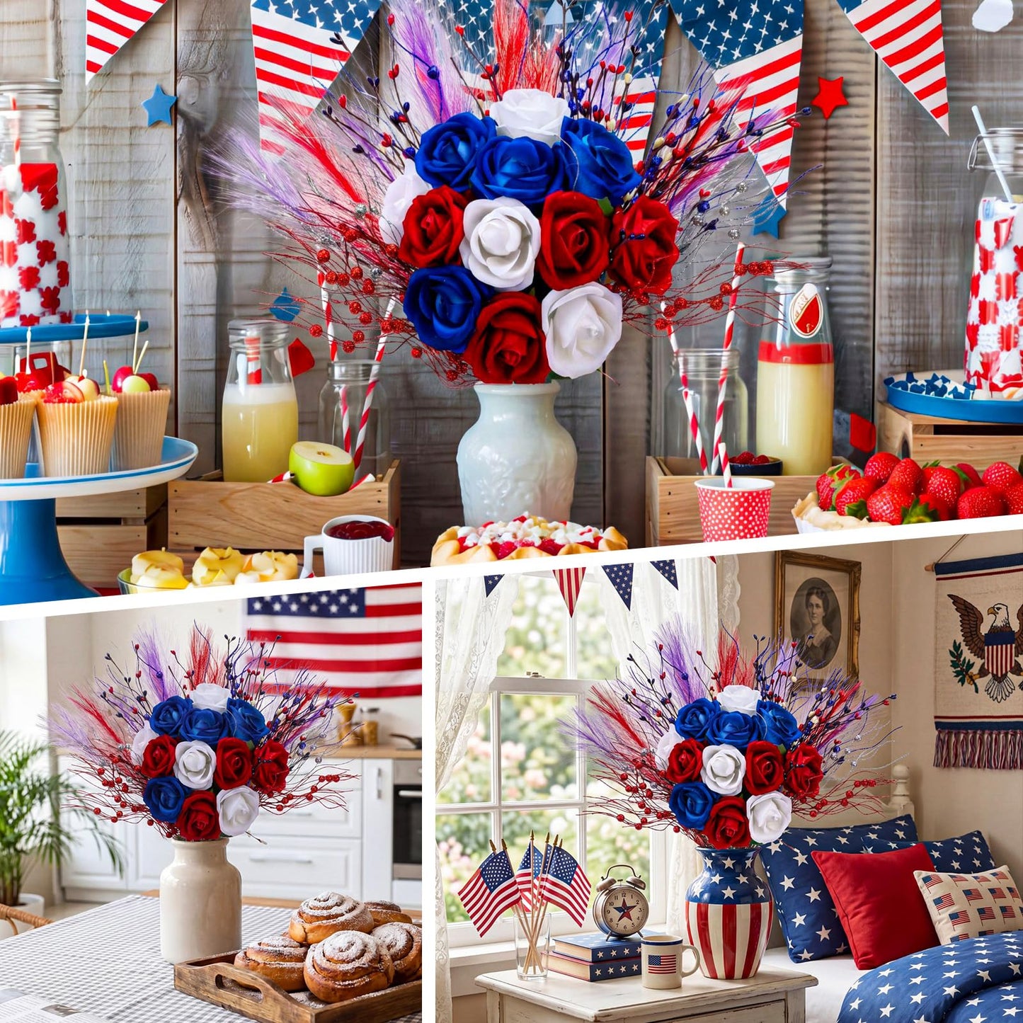 Juinte 30pcs Patriotic Artificial Flower, Red White Blue Faux Roses with Star Berry Picks and Pampas Grass for 4th of July Centerpieces and Independence Day Decor