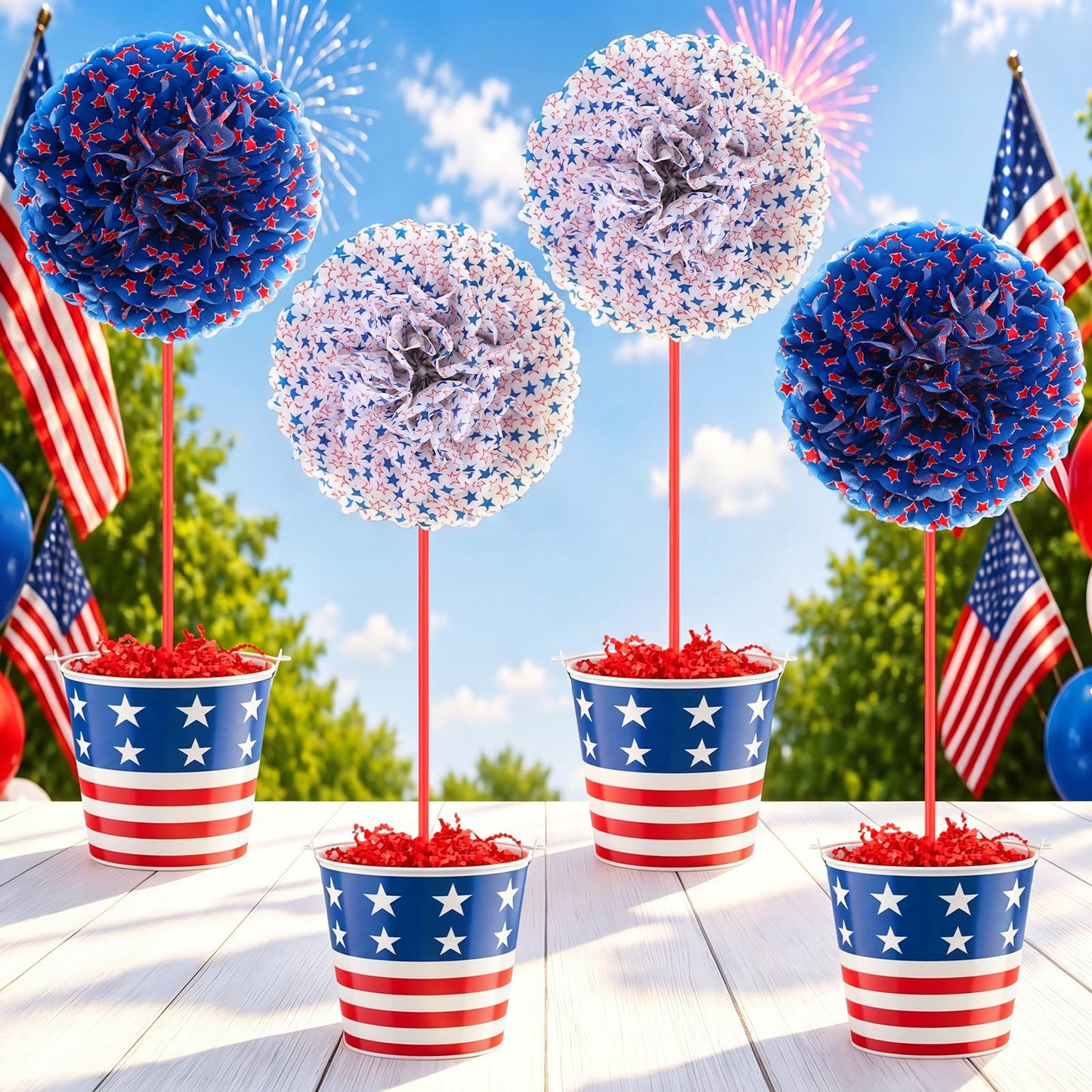 4 Set 18'' Large 4th of July Patriotic Table Centerpiece Decor DIY American Flag Metal Pail Bucket with 16'' Red White Blue Star Pom Pom 3D 250th Anniversary Table Decor Raffia