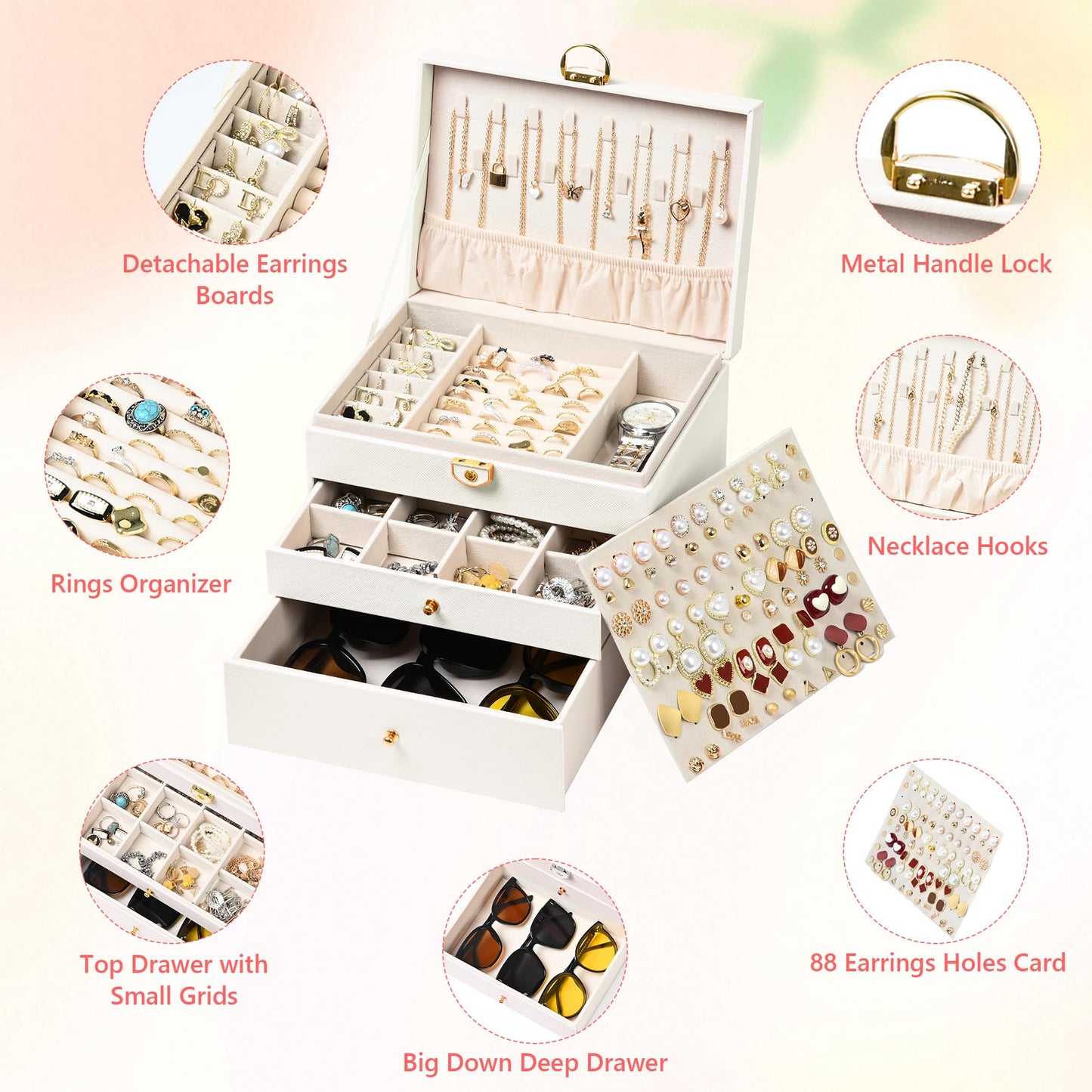 GALHUBIS Jewelry Box, 3 Layers Leather Jewelry Storage Display Box for Women, Gift Case, 2 Drawers, Large Capacity for Necklace Earrings Bracelets Rings, White