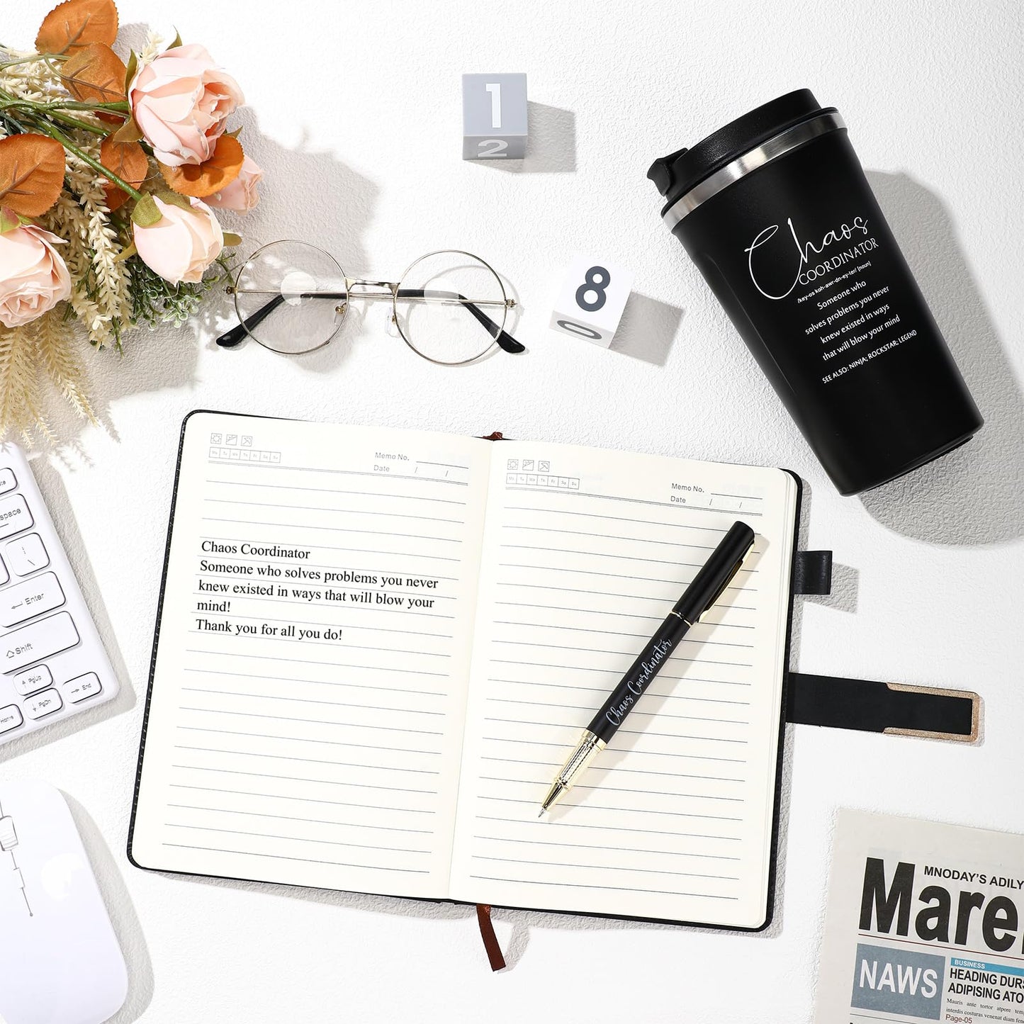 Pickmesh 3 Pcs Chaos Coordinator Appreciation Gifts for Women Men 17 oz Coffee Tumbler A5 Leather Journal with Ballpoint Pen for Admin Professionals Manager Assistant‌ Employee Teacher(Black)
