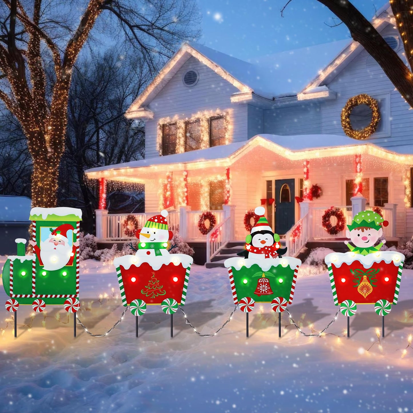 WONDER GARDEN Christmas Metal Yard Stakes, Lighted 4 Pack Christmas Garden Stakes Yard Signs, Outdoor Decorations Train with Santa, Snowman, Penguin, Boy for Lawn Party Outside