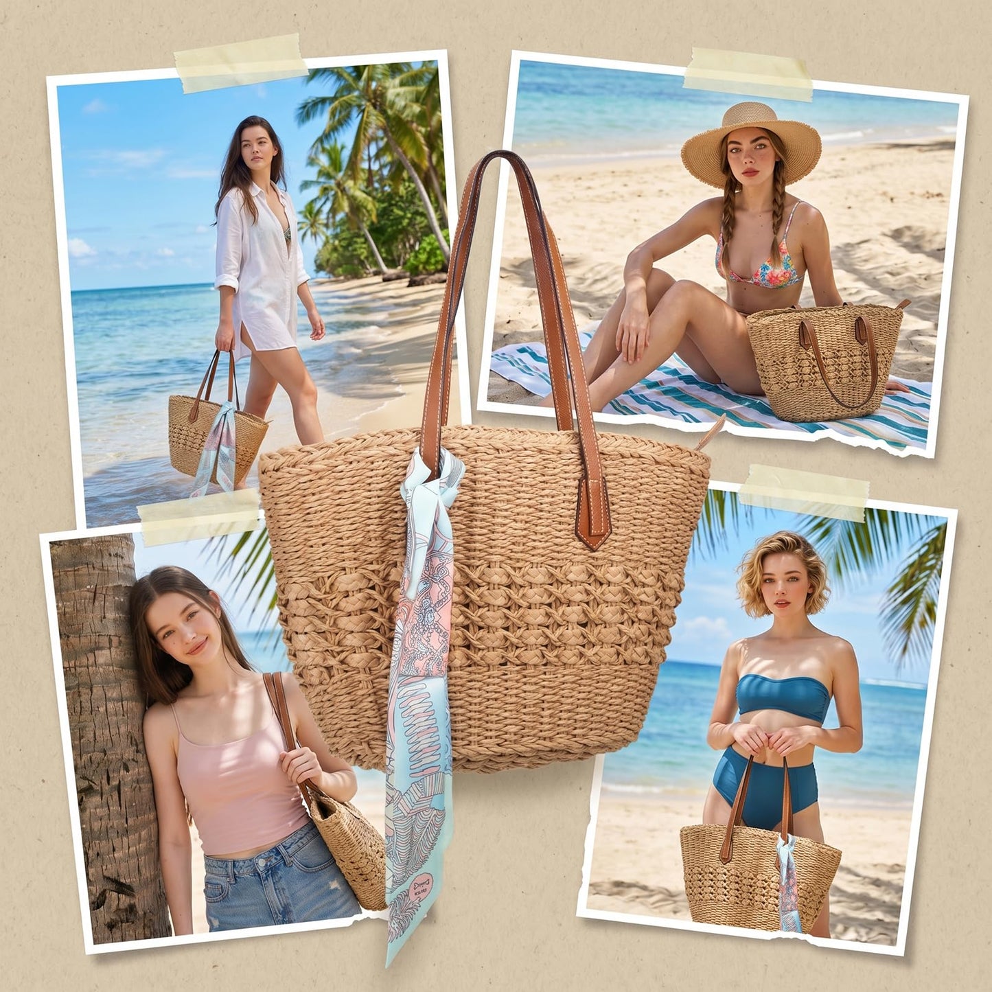 Aodse Beach Bags for Women, Summer Straw Beach Bag with Zipper Pocket, Durable Straw Tote Bag Shoulder Handbags for Beach, Travel, Vacation, Shopping （Khaki）