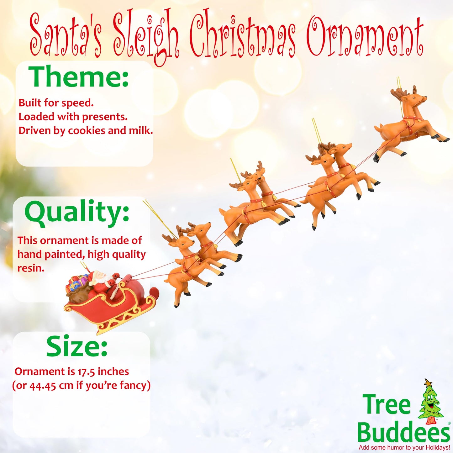 Tree Buddees Large 5 Piece Hand Painted Full Santa's Sleigh and 8 Reindeer Christmas Ornaments Set - 17.5 Inches Long