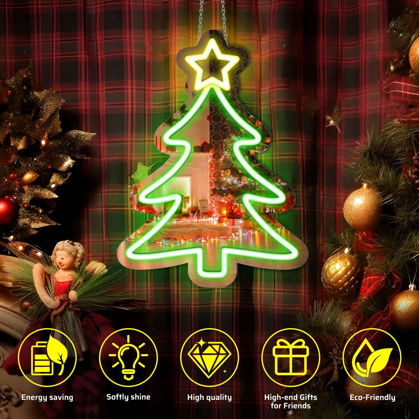 16 x 12’’ Christmas Tree Mirror Neon Sign LED, USB Powered Acrylic Neon Wall Decor, Perfect for Holiday Decorations, Christmas Parties, and Winter Home Decor