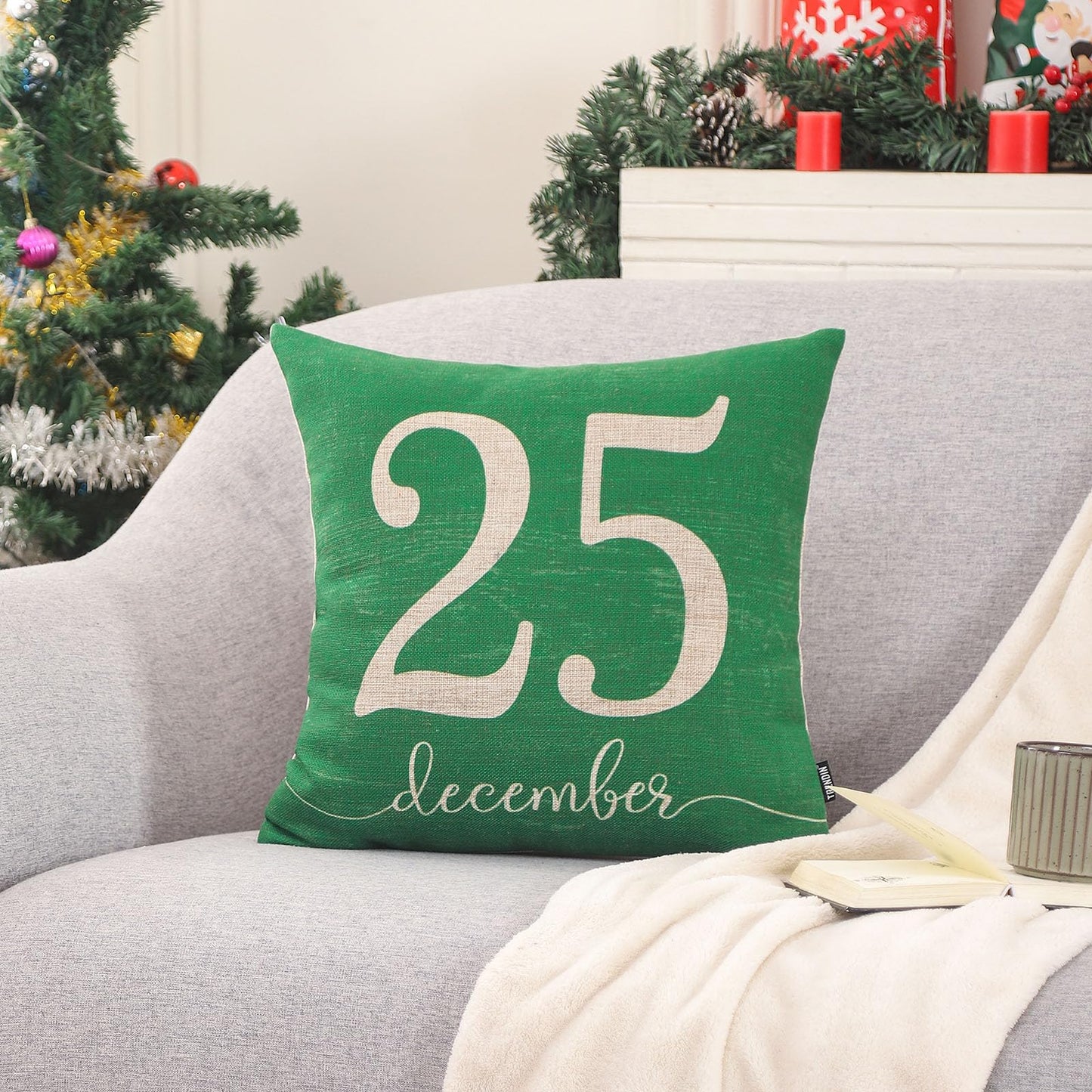 TRENDIN December 25 Christmas Pillow Cover 18x18, Winter Decorative Pillow Cover for Couch Bed Sofa Living Room, Holiday Throw Cushion Cover, Farmhouse Christmas Decorations Indoor Green PL1171TR