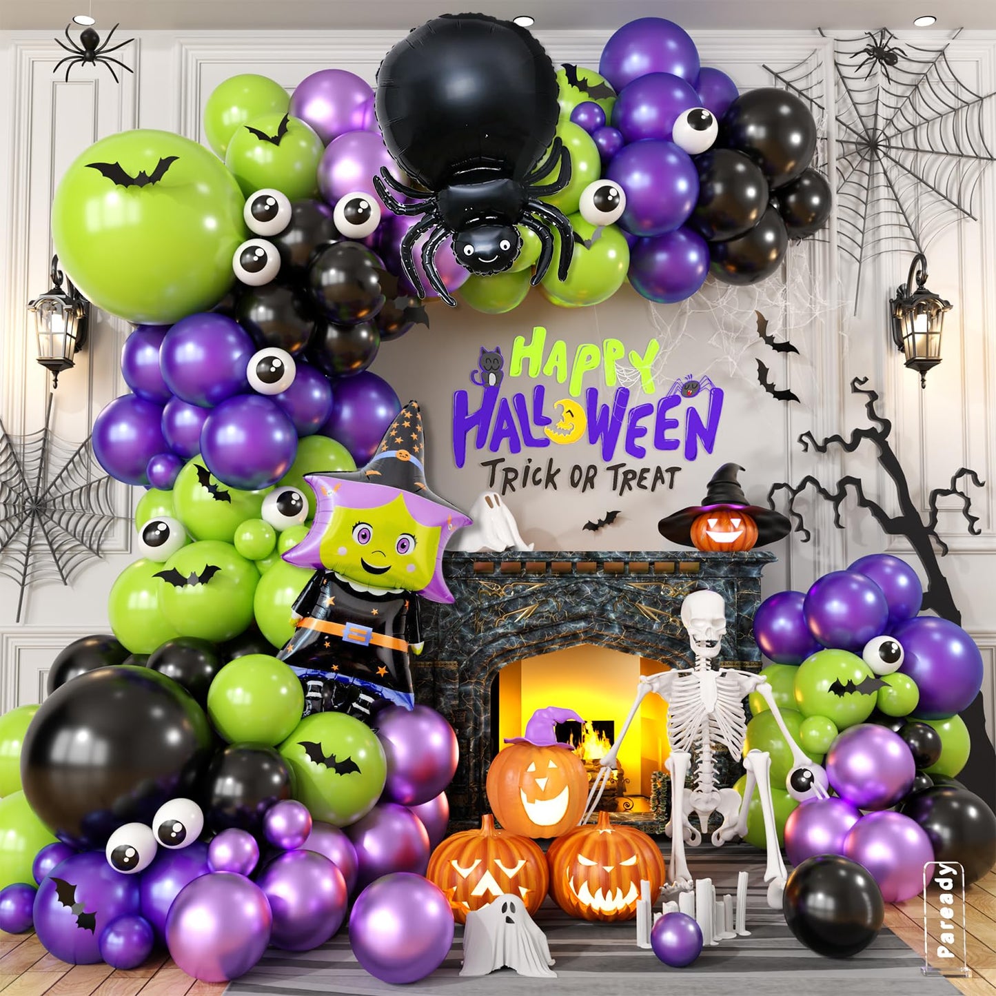 Halloween Balloons Arch Kit, Green Purple Balloon Garland with Foil Balloon Witch Spider Eye Metallic Purple Black Latex Balloons for Horror Halloween Birthday Party Decorations