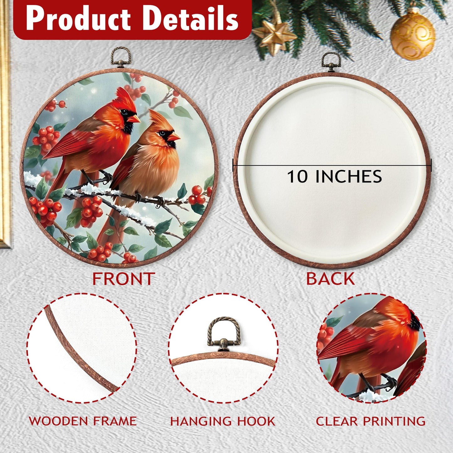 Round Winter Cardinals Framed Canvas Wall Art Decor, 10x10 Inches Christmas Canvas Wall Artwork, Christmas Embroidery Kit Decor for Home Office, Xmas Gift Ideas for Family Friends-A03