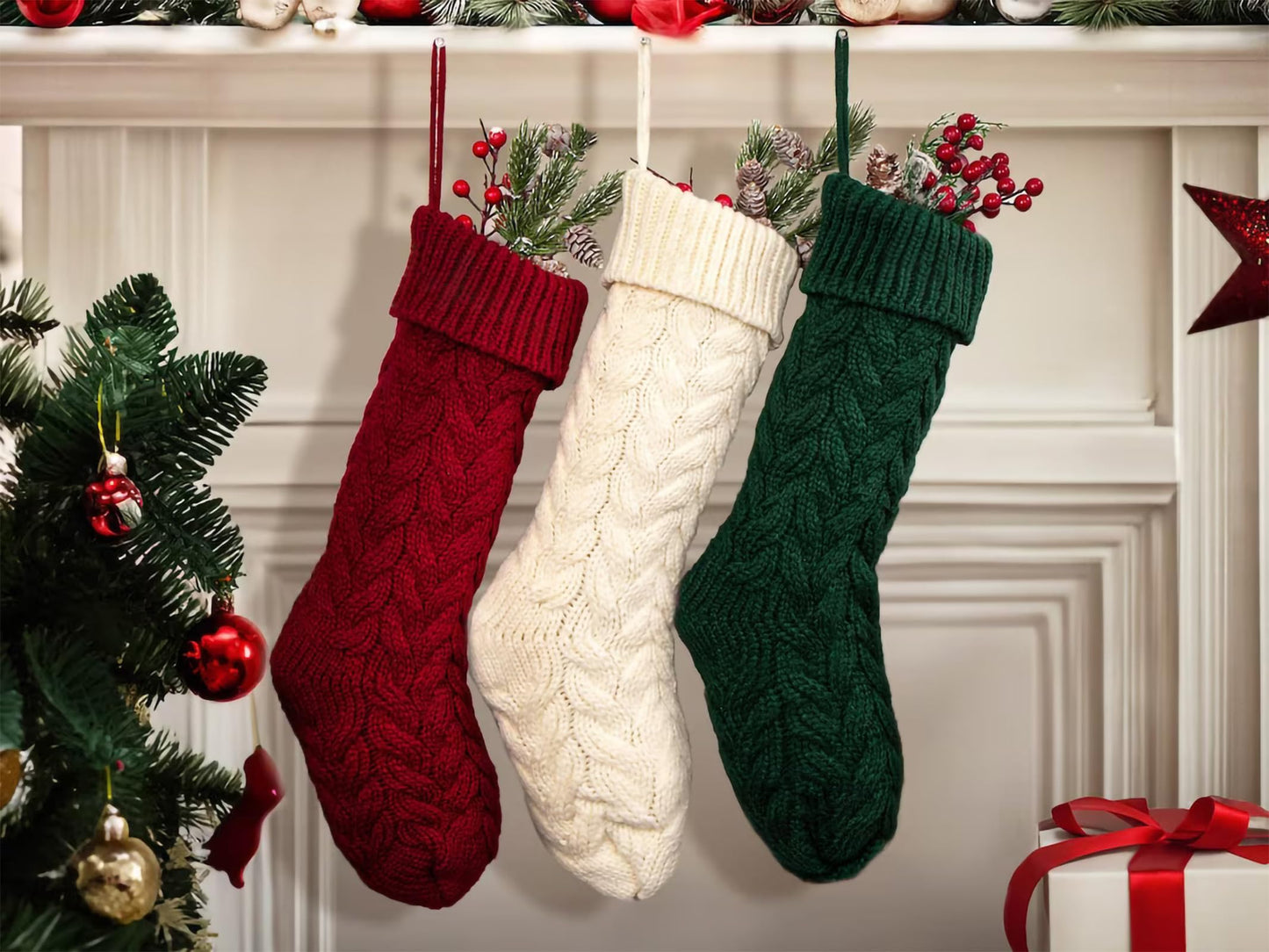 Fesciory 18 Inches Christmas Stockings Bulk, 6 Pack Large Size Cable Knitted Fireplace Hanging Stockings for Family Holiday Xmas Party Decorations, Burgundy&Ivory White&Green