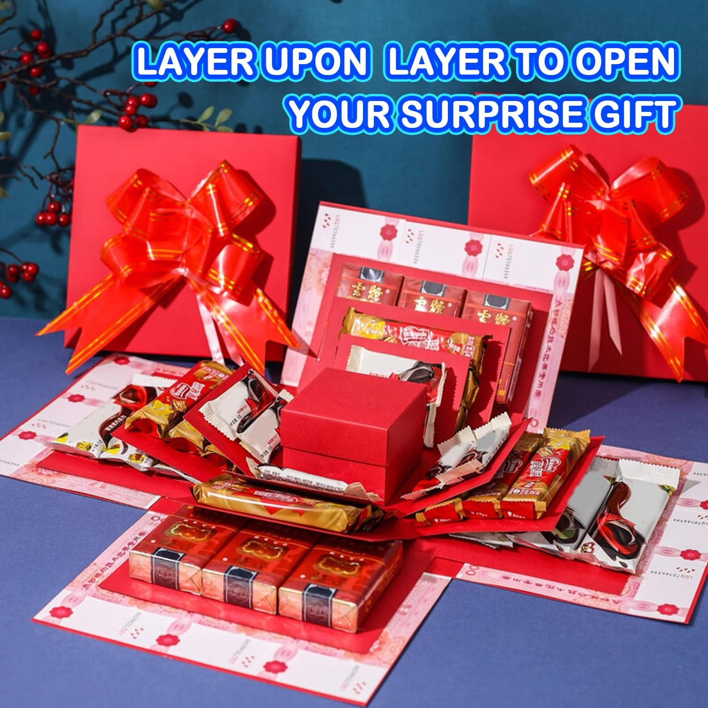5-Layer creative explosion gift box, gift wrap box. Creating a 5-Layer of various gifts by yourself. An ideal, mysterious self-made gift for birthday, Christmas and anniversaries. (Red, Square)