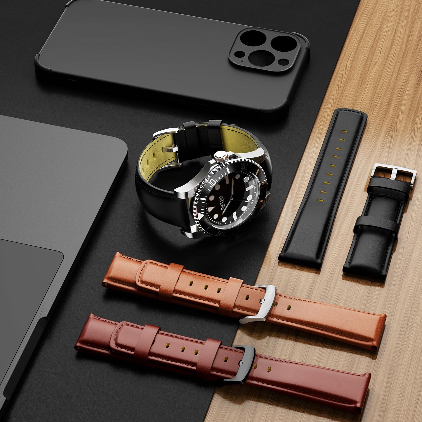 RBIPO 22mm Leather Watch Band Quick Release Strap for Men and Women, Compatible with Timex Fossil Samsung Seiko Citizen