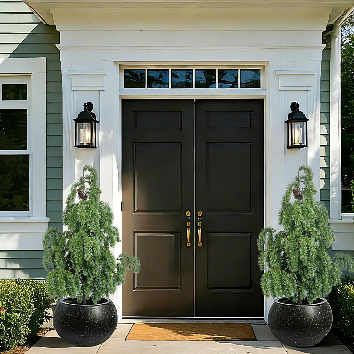 4FT Artificial Norfolk Pine Tree 2-Pack, Real Touch Faux Potted Plants in Black Pot, Fake Christmas Greenery for Indoor Outdoor Front Porch, Entryway, Year-Round Home Decor & Housewarming Gift