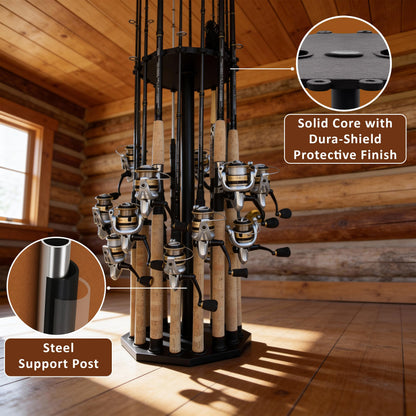 Rush Creek Creations 16-Rod Round Fishing Rod Holder for Garage, 360° Access Fishing Pole Holder for Fishing Rods, Reels, Gear, and Accessories, Securely Holds 16 Rods, Gray