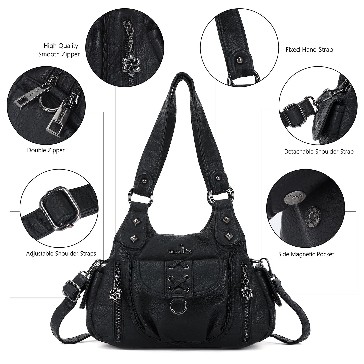 Angel Kiss Small Purses for Women Hobo Shoulder Bags Y2K Vegan Leather Multi-Pocket Handbags Designer Tote Bag with Crossbody Strap,Black