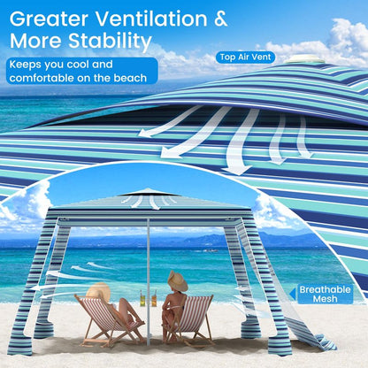 MoKo Beach Cabana, 8'×8' Large Beach Canopy with Side Wall, UPF 50+ Protection Easy Setup Beach Tent Sun Shelter, Adjustable Height Wind Resistant Cabana Beach Tent for Whole Family, Blue-Green Stripe