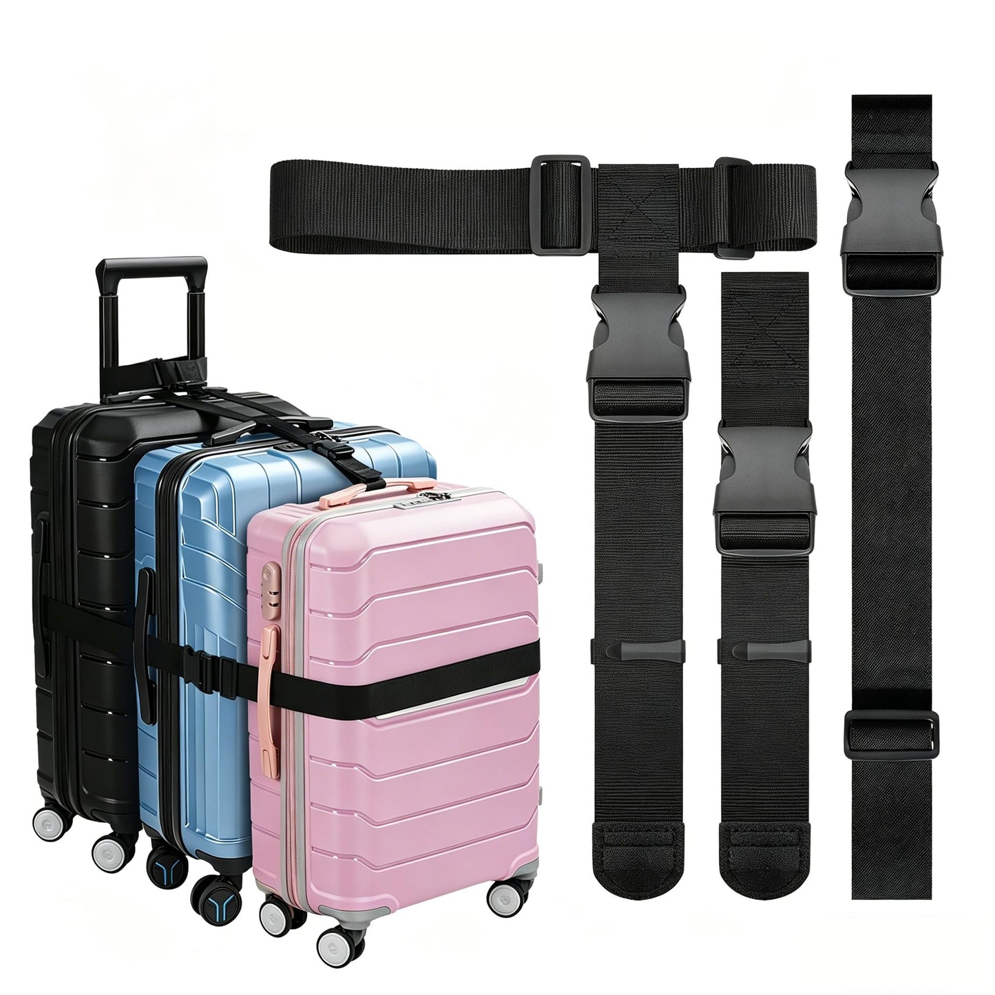 3 Packs Luggage Straps for Suitcases, 2 Luggage Connector Straps & Elastic Strap, Connect Up to 4 Suitcases ＆ Add a Bag, Heavy Duty Adjustable Travel Belt for 20-32 Inch Luggage, Black
