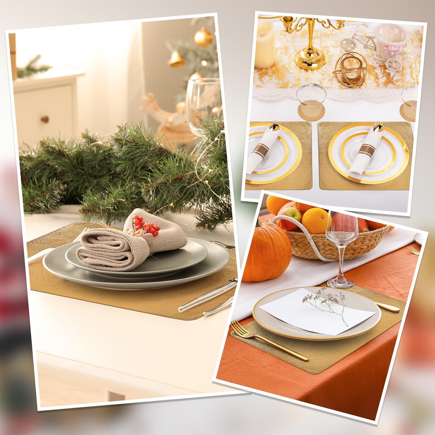 comfoyar Faux Leather Placemats Set of 6 with Coasters, 12x17inch Non-Slip Heat Resistant Dual-Sided Gold Crackled Place Mats, Washable Waterproof Table Mats for Kitchen Dining Party Table Decoration