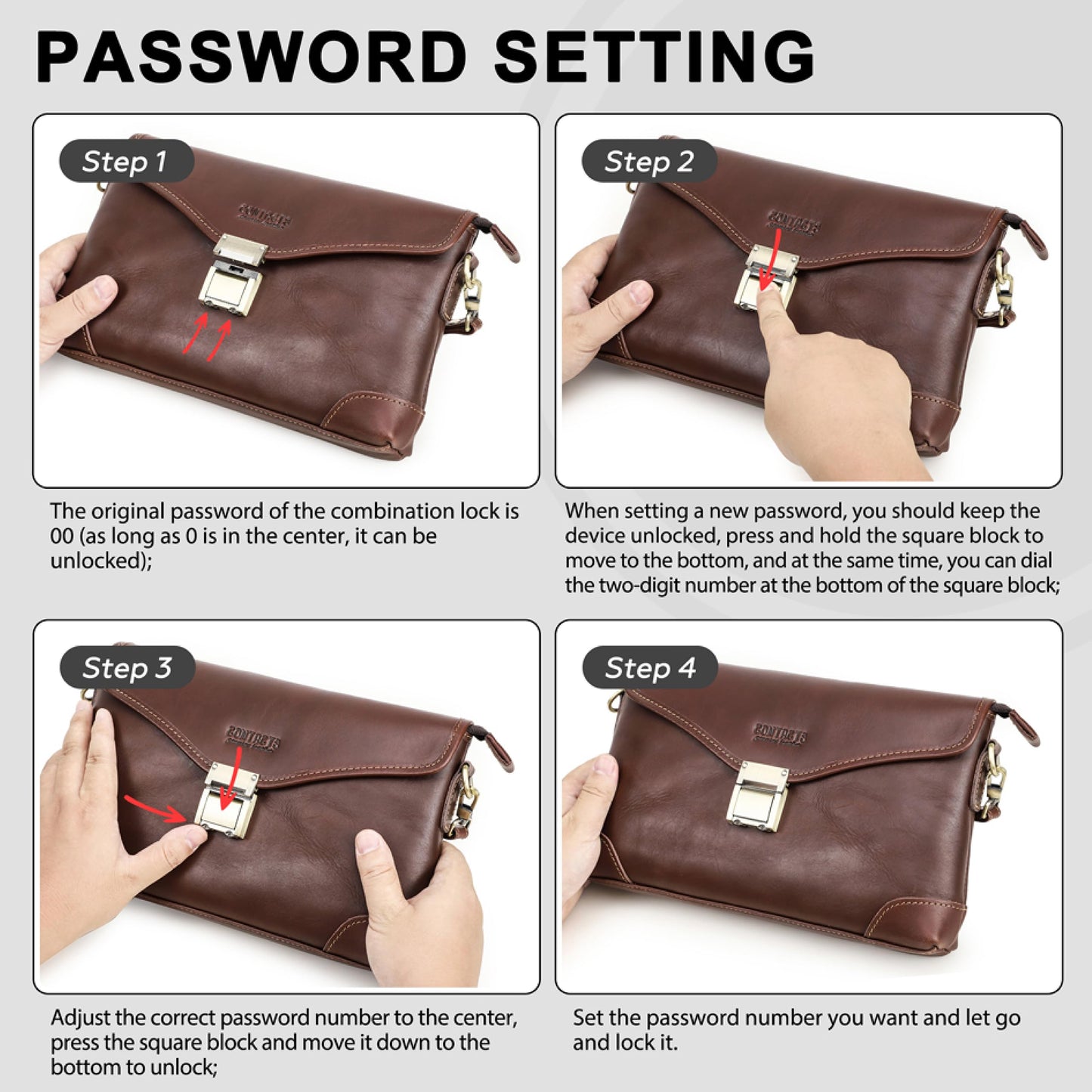 Top Grain Genuine Leather Clutch Wallet for Man & Woman, Handmade Retro Design, Combination Lock & Adjustable Shoulder Strap & Wristlet, Portable Handbag for Cards/Checks/Phone/Banknote, Dark Coffee