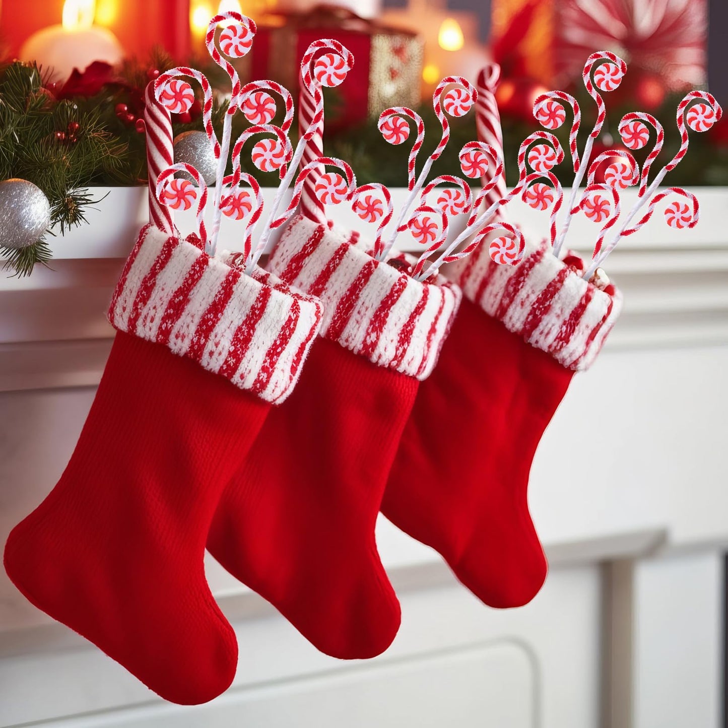 Suncalla 12 Pcs Red White Candy Cane Christmas Picks 16" Large Furry Spiral Curly Sprays Elf Ornaments Stems for Christmas Tree Topper Filler Party Vase Filler Wreath Garland
