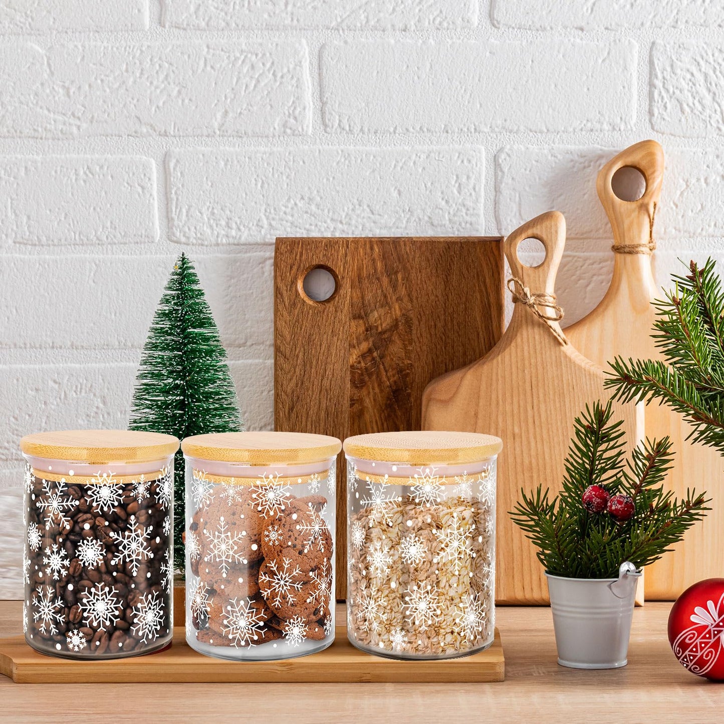 JarThenaAMCS 3Pcs Christmas Glass Storage Jars White Winter Snowflake Clear Canisters Set with Airtight Lid Cookie Candy Storage for Xmas Party Home Kitchen Countertop Decor