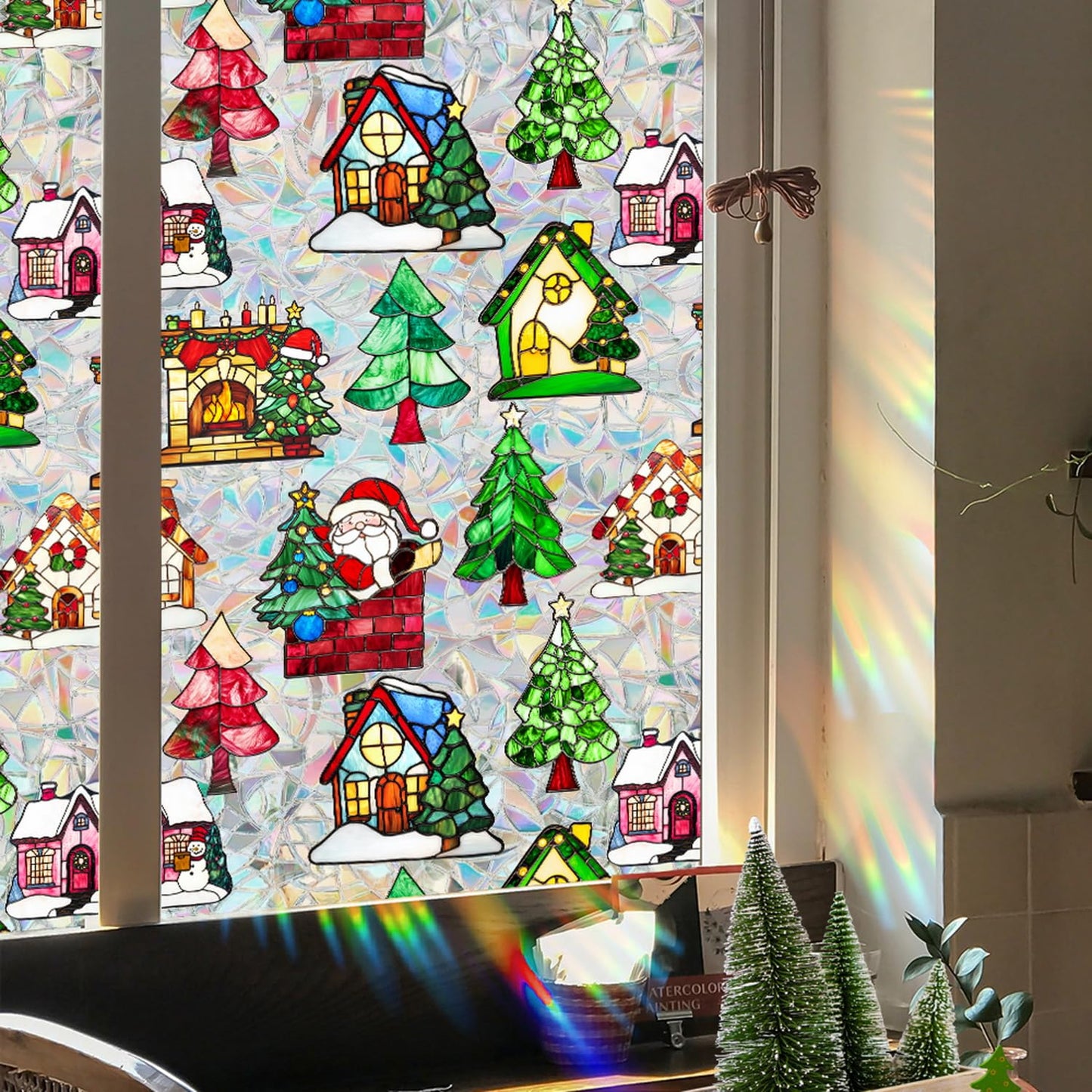 Christmas Tree Window Privacy Film Stained Glass Stickers Christmas Santa Claus Privacy Rainbow Decals Living Room Sun Blocking Decor Xmas Static Cling Stickers for Party Decor 17x 39.3 Inch