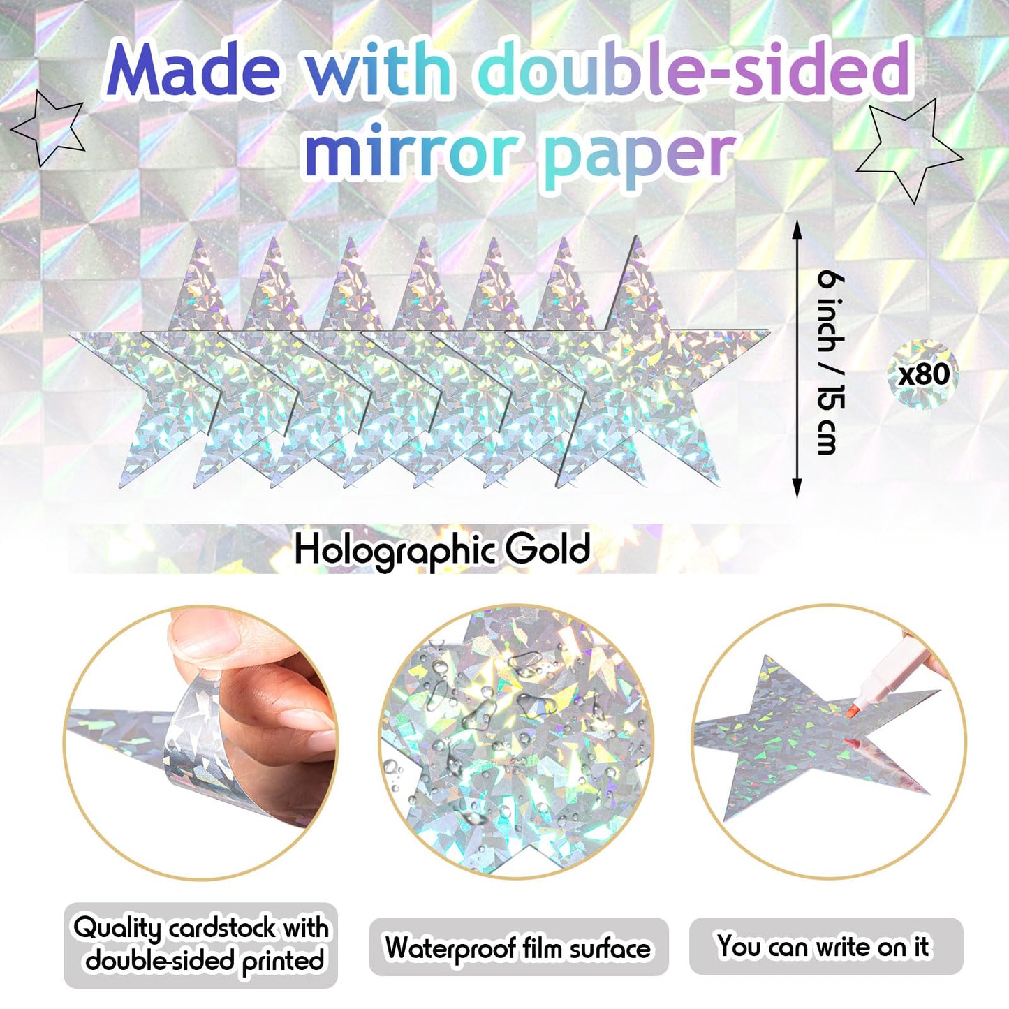 Leinuosen 80 Pieces Stars Cutouts Glitter Double Printed Paper Cardboard Stars Decorations for Bulletin Board Classroom Wall Back to School Party Supply, 6 Inches(Holographic Silver)