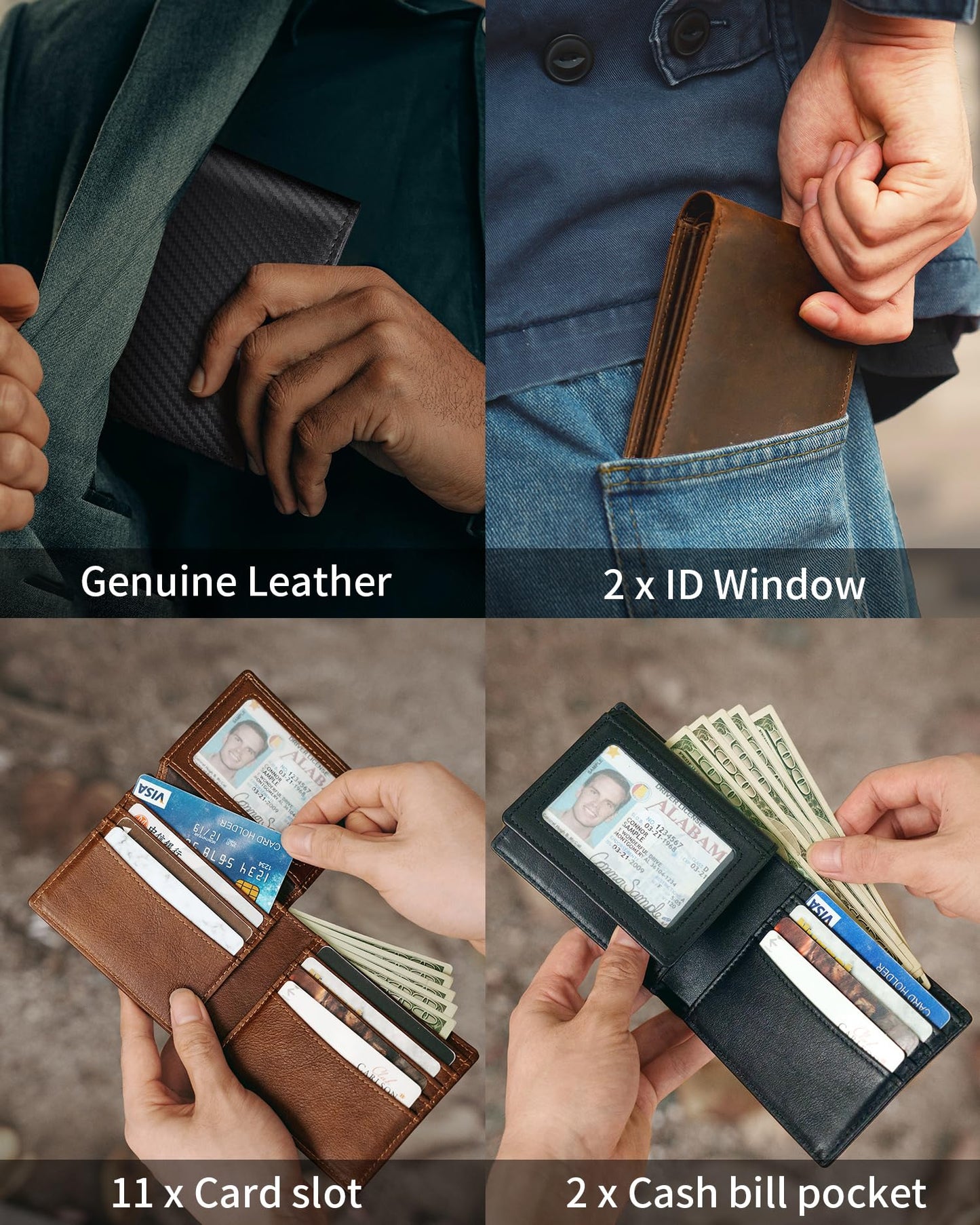 Plinvo Men's Genuine Leather Bifold Wallet RFID Blocking with 2 ID Windows 11 Card Slots 2 Cash Pockets & Gift Box (Black)
