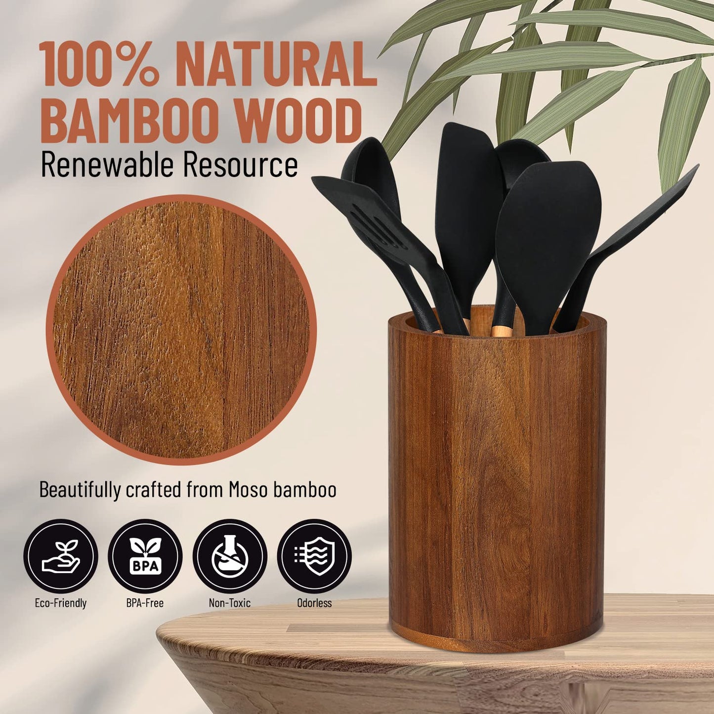 Homeries Acacia wood Utensil Holder for Kitchen Counter Decor, Cooking Utensil Holder Organizer - Kitchen Utensil Storage Organizer for Countertops, Pantry, Bathroom, Office & Center Table