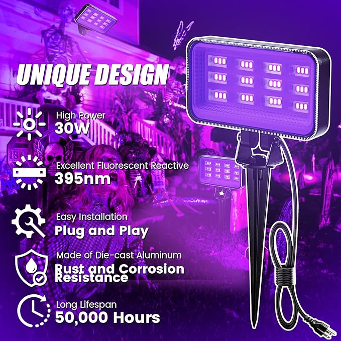 30W Halloween Black Light Spotlight Outdoor High Power LED Outdoor Black Light Spot Lights IP66 Waterproof Blacklight Spotlight 395nm Blacklight Spot Lights with Plug for Glow Party (2 Pack)