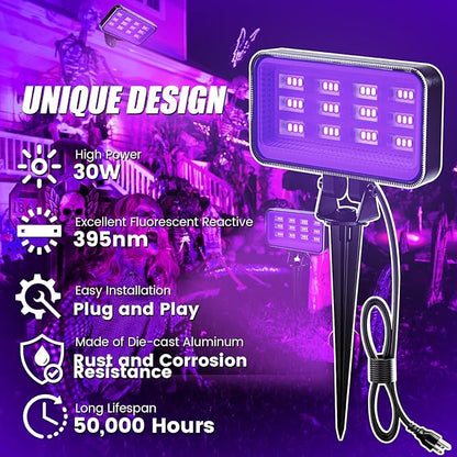 30W Halloween Black Light Spotlight Outdoor High Power LED Outdoor Black Light Spot Lights IP66 Waterproof Blacklight Spotlight 395nm Blacklight Spot Lights with Plug for Glow Party (2 Pack)
