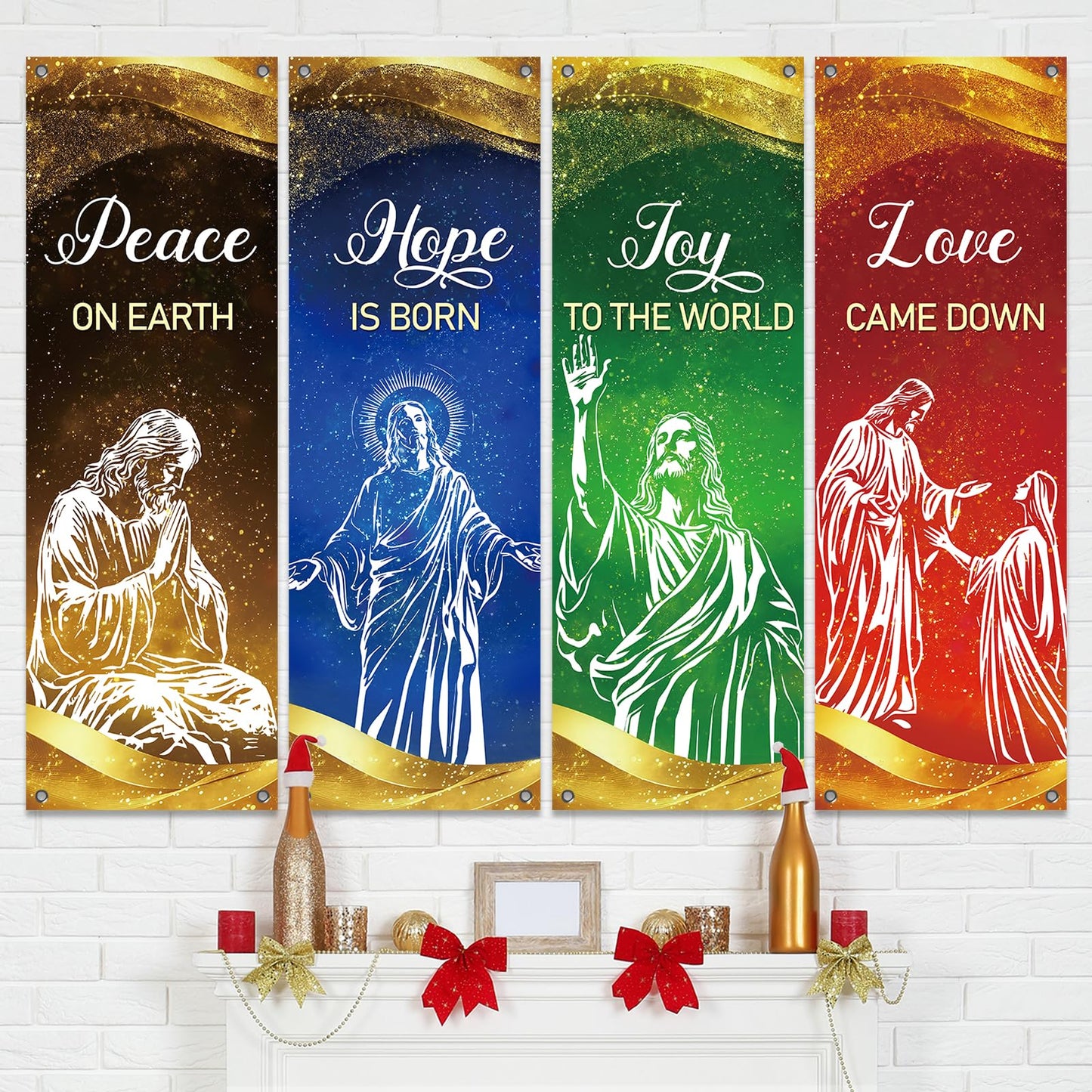 4Pcs Christmas Church Banners for Sanctuary Wall Love Hope Joy Peace Religious Banners Hanging Backdrop Gold Glitter Jesus Christian Banner with Scripture Bible Verse Banner for Holiday School Decor