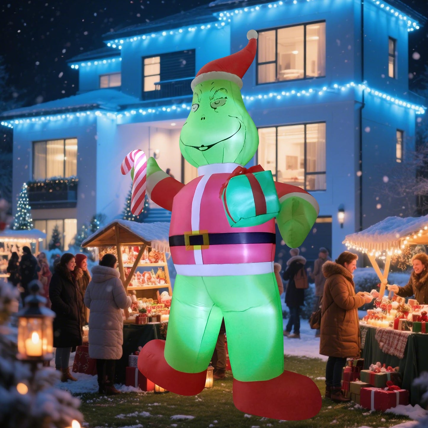 eLUUGIE 12ft Giant Christmas Inflatable Yard Decor Green Santa Monster Build-in LED Outdoor Blow up Christmas Decorations for Yard/Lawn/Garden
