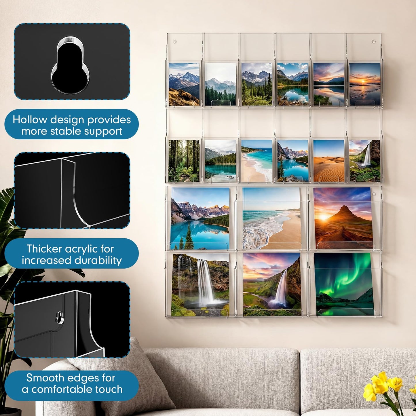 Thyle Acrylic Brochure Pamphlet Holder with 6 Magazine & 12 Pamphlet Slots, Clear Magazine Display Rack, Wall-Mounted Literature Organizer for Home and Office Waiting Room