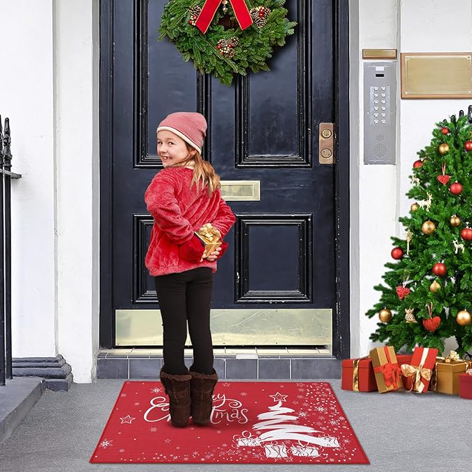 CAROMIO Christmas Doormat Xmas Holiday Decorative Christmas Tree Snowflake and Gift Pattern Welcome Mat for Home Decoration Non Slip Door Mat, Red, 17x29 Inch