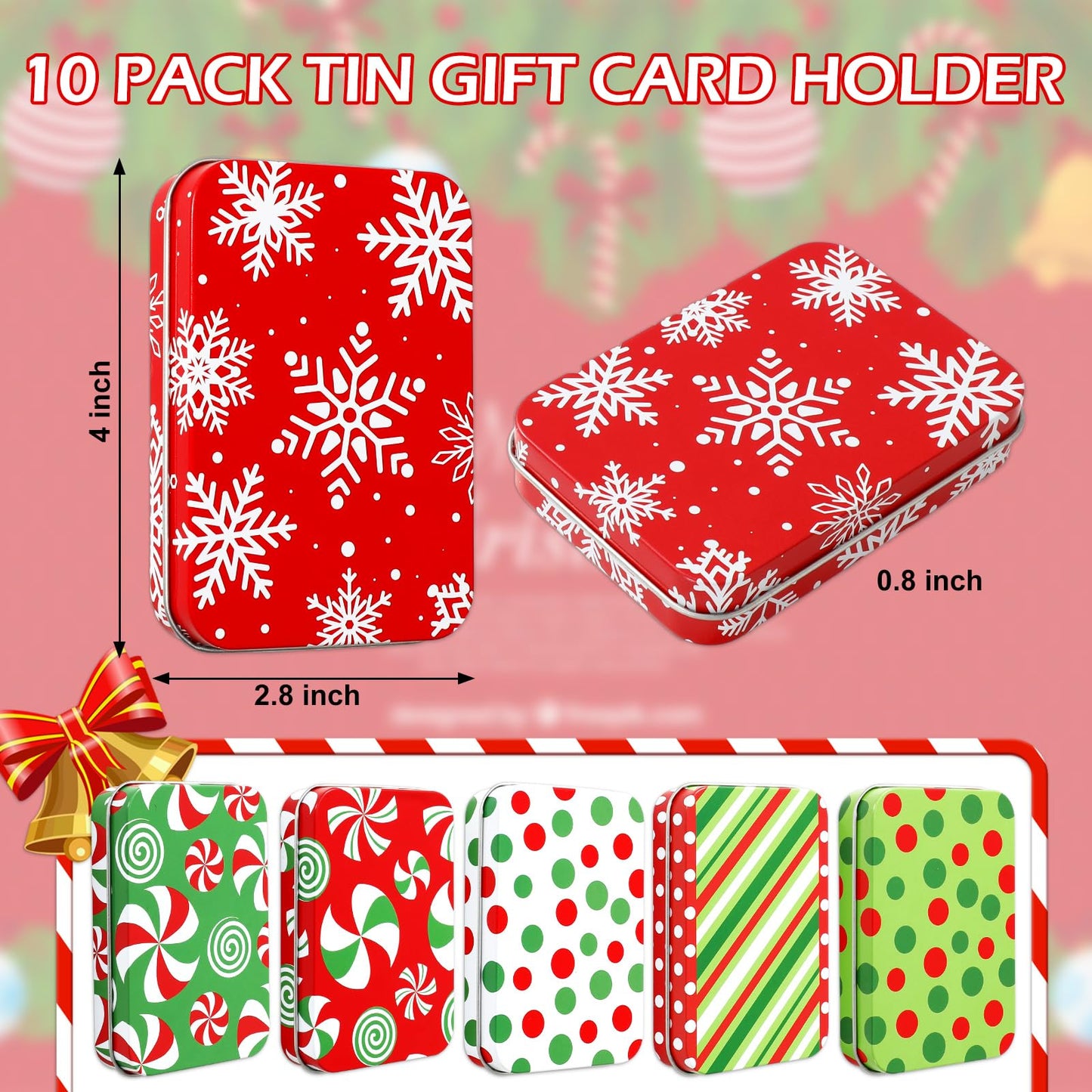 Whaline 10Pcs Christmas Tin Box Gift Card Holder Box with Lid & Sticker Red Green Metal Candy Boxes Xmas Tin Container for Stocking Stuffer Cards Crafts Party Favors Supplies