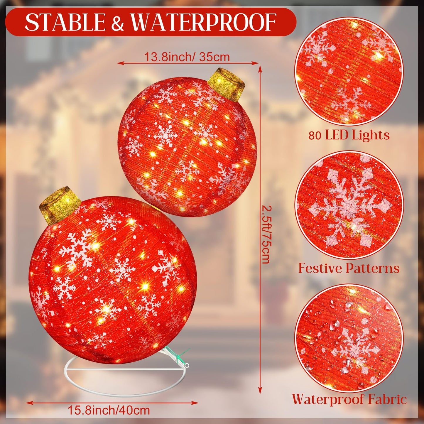 Rossesay 2.5 ft Lighted Pop up Outdoor Christmas Ornaments Stackable Giant 3D Pre Lit Christmas Balls Light up Collapsible Balls with 80 LED Lights for Holiday Yard Lawn Garden