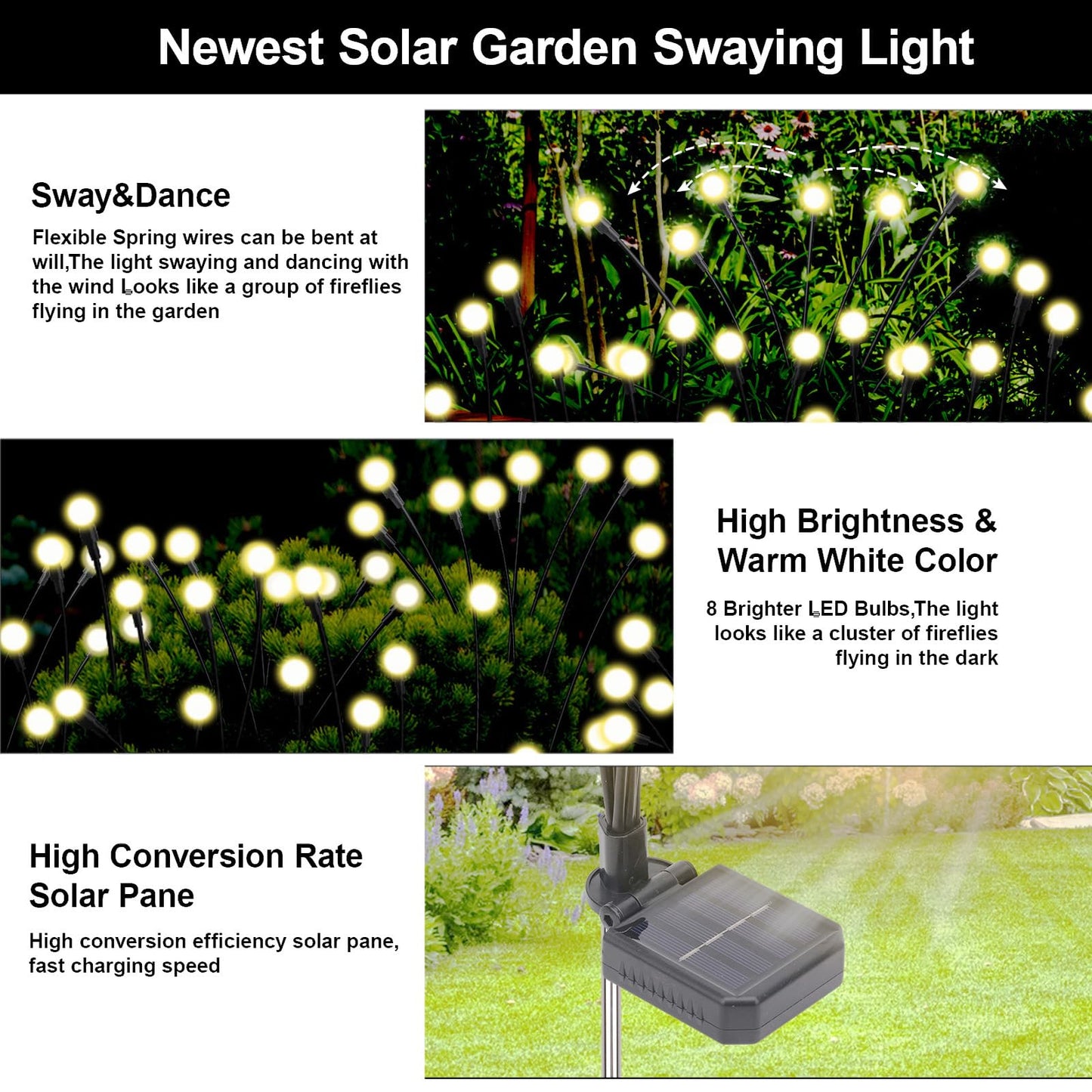 Petriveil Solar Firefly Lights Warm White, 8 Modes 800mAh Swaying Firefly Yard Lights Solar Powered Outdoor Waterproof for Outside Yard Patio Lawn Pathway Walkway Stake Christmas Garden Decor (2 Pack)