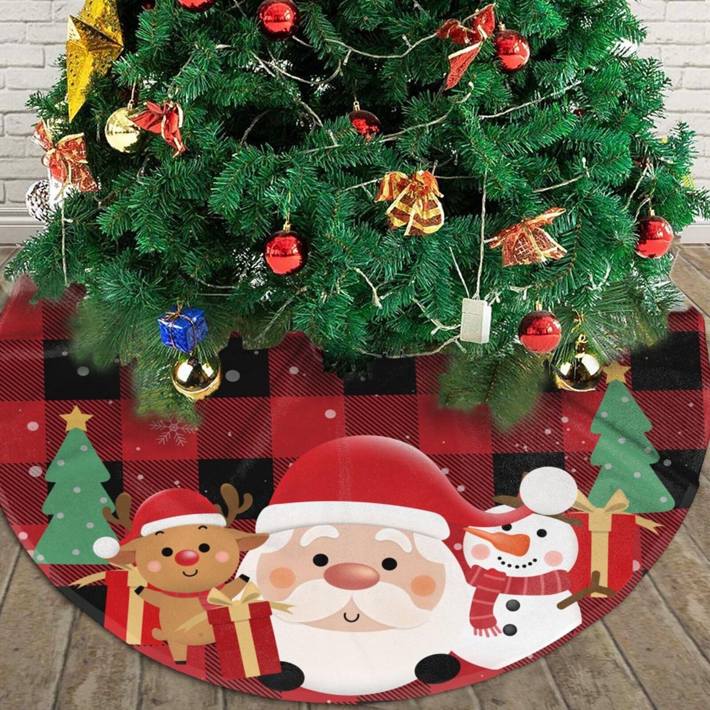 Buffalo Plaid Santa Claus Deer Snowman Christmas Tree Skirt 48" Xmas Tree Mat for Christmas Decorations Holiday Ornaments