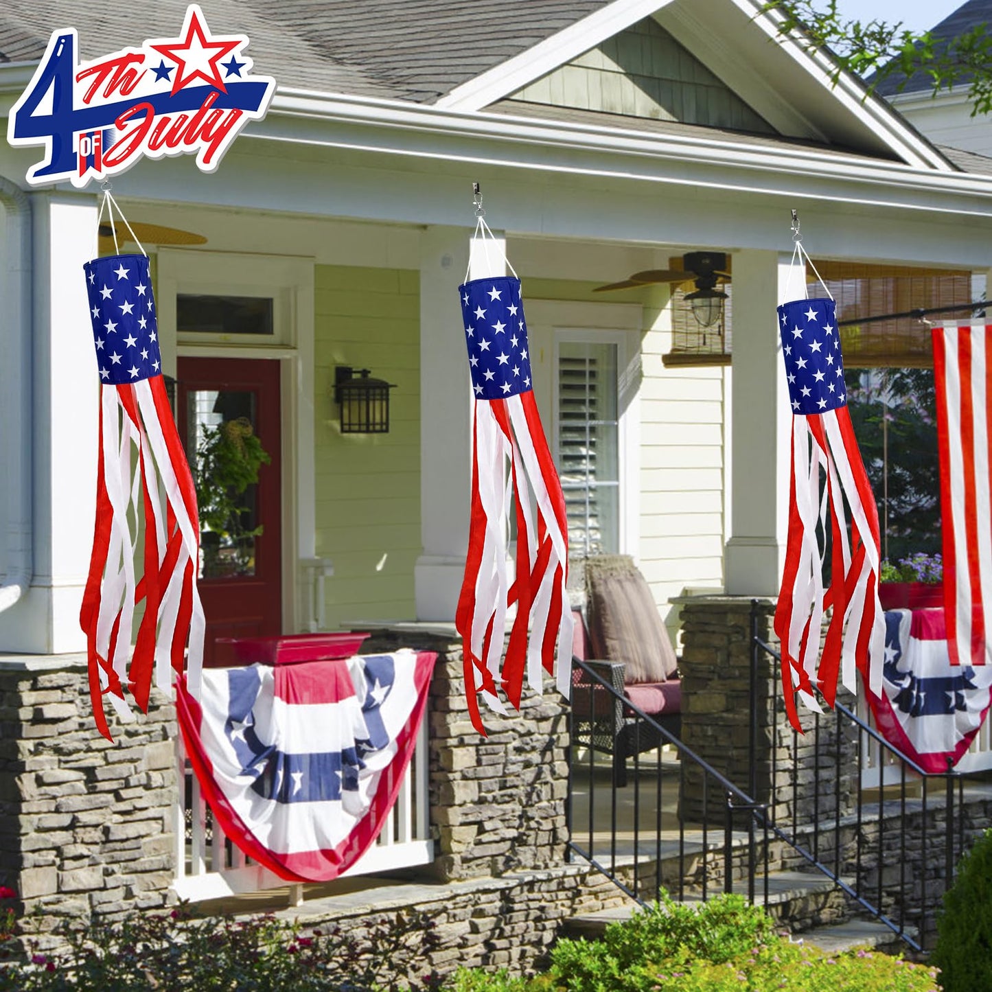 3 Pack 40" American Flag Windsock with Lights 4th of July Decorations, 250th Anniversary USA Red White Blue Star Stripes Patriotic Windsock Memorial Day Independence Day Fourth of July Outdoor Decor