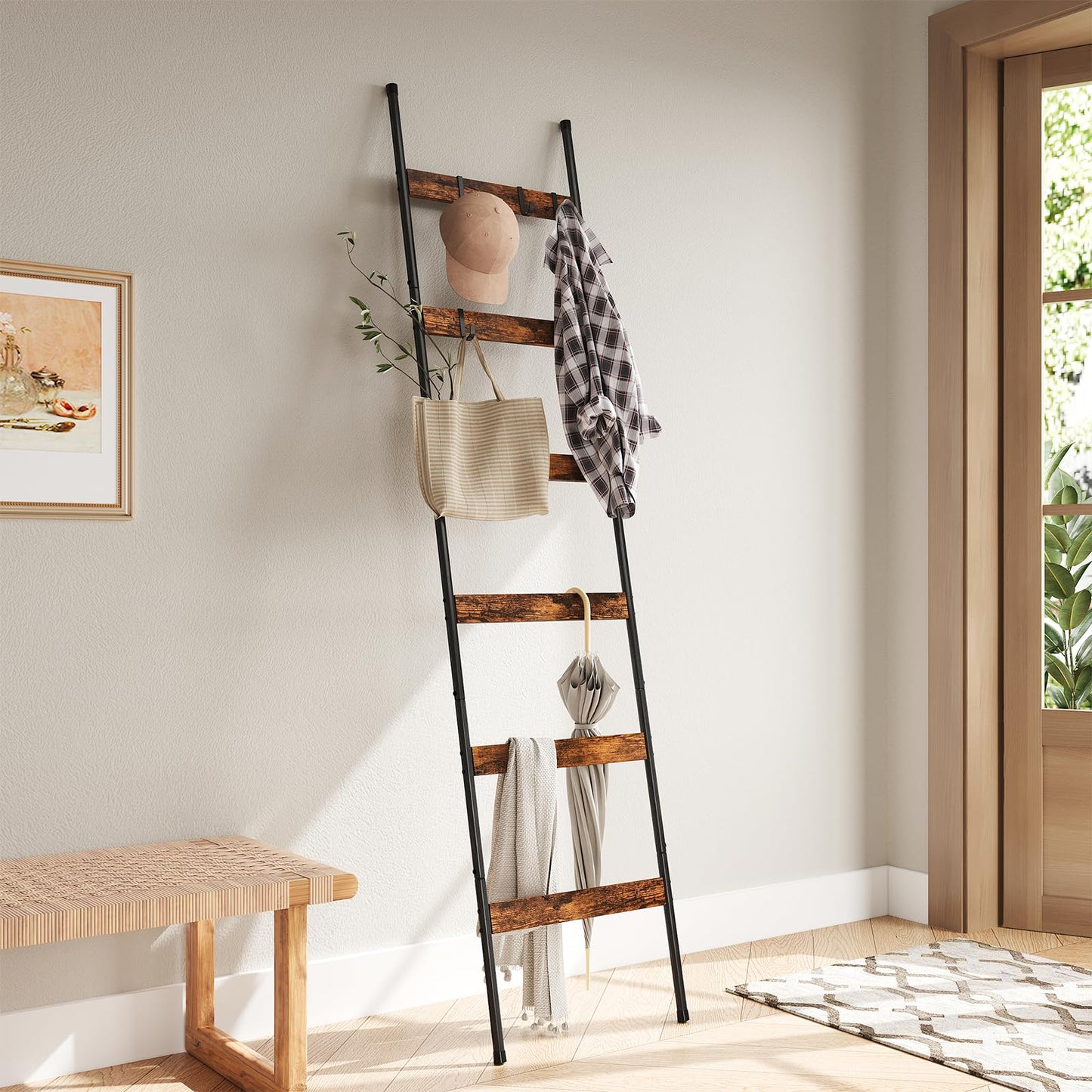 ELYKEN Blanket Ladder for Living Room, Farmhouse 6-Tier Quilt Holder with 4 Removable Hooks for Bathroom, Wood Towel Rack Display, Wall Anchor Leaning Decorative Stand for Home, Rustic Brown