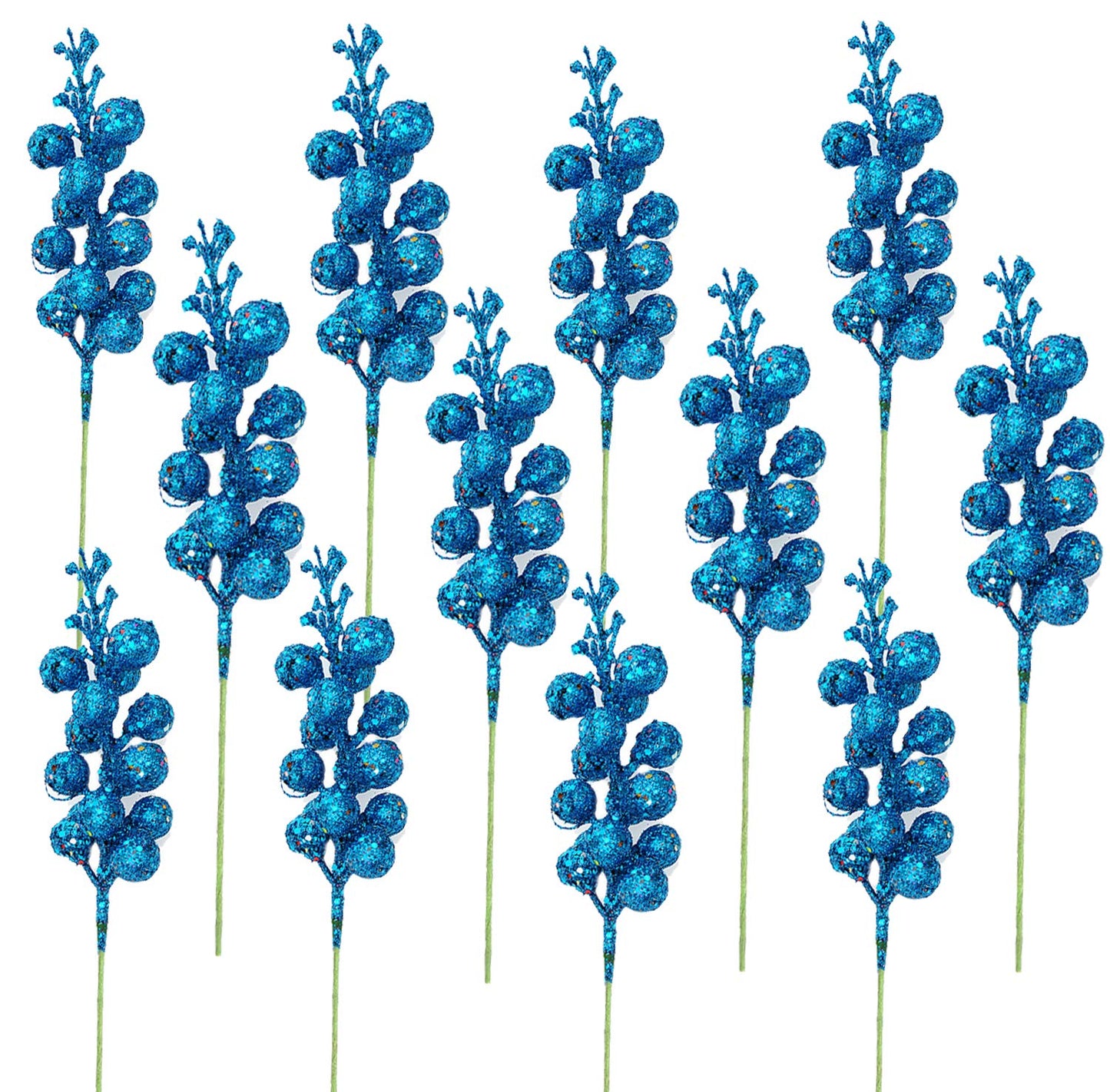 Kubert 15 Pack Christmas Glitter Berries Stems, 8 Inch Artificial Christmas Picks for Christmas Tree Ornaments, DIY Xmas Wreath, Crafts, Holiday and Home Decor (Blue)