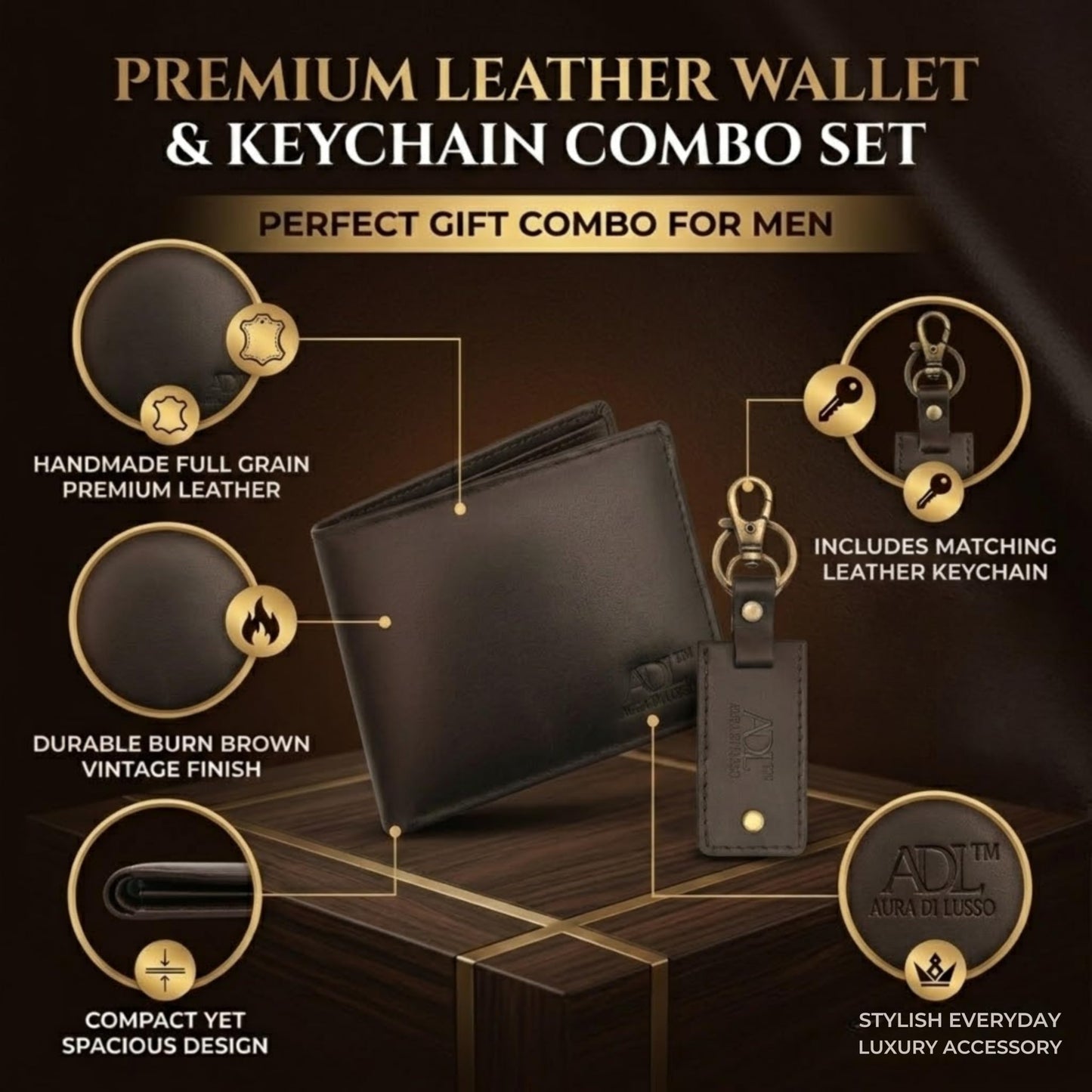 Aura Di Lusso Handmade Full Grain Premium Leather Wallet & Keychain Combo Set for Men | Stylish & Durable Gift Combo | Ideal for Everyday Use | Luxury Accessories for Men (Dark Brown)