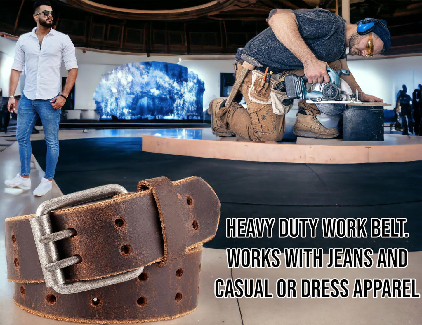 F&L CLASSIC Leather Work Belt, Heavy Duty Double Prong Genuine full grain Leather Belts for Men 1 1/2", Mens Casual Belts for Jeans,3190,size 38,tan