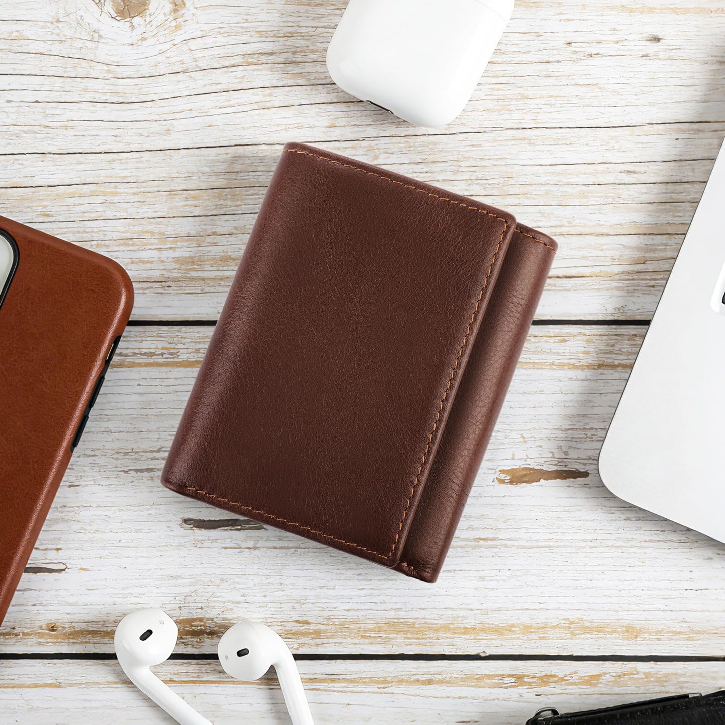 Woltic W Trifold Top Grain Slim Leather Wallet for Men Front Pocket Wallet with RFID Blocking,2 Cash Holders 2 ID Windows, 8 Credit Card Slots, Classic Style Gift For Men (Coffee Brown)