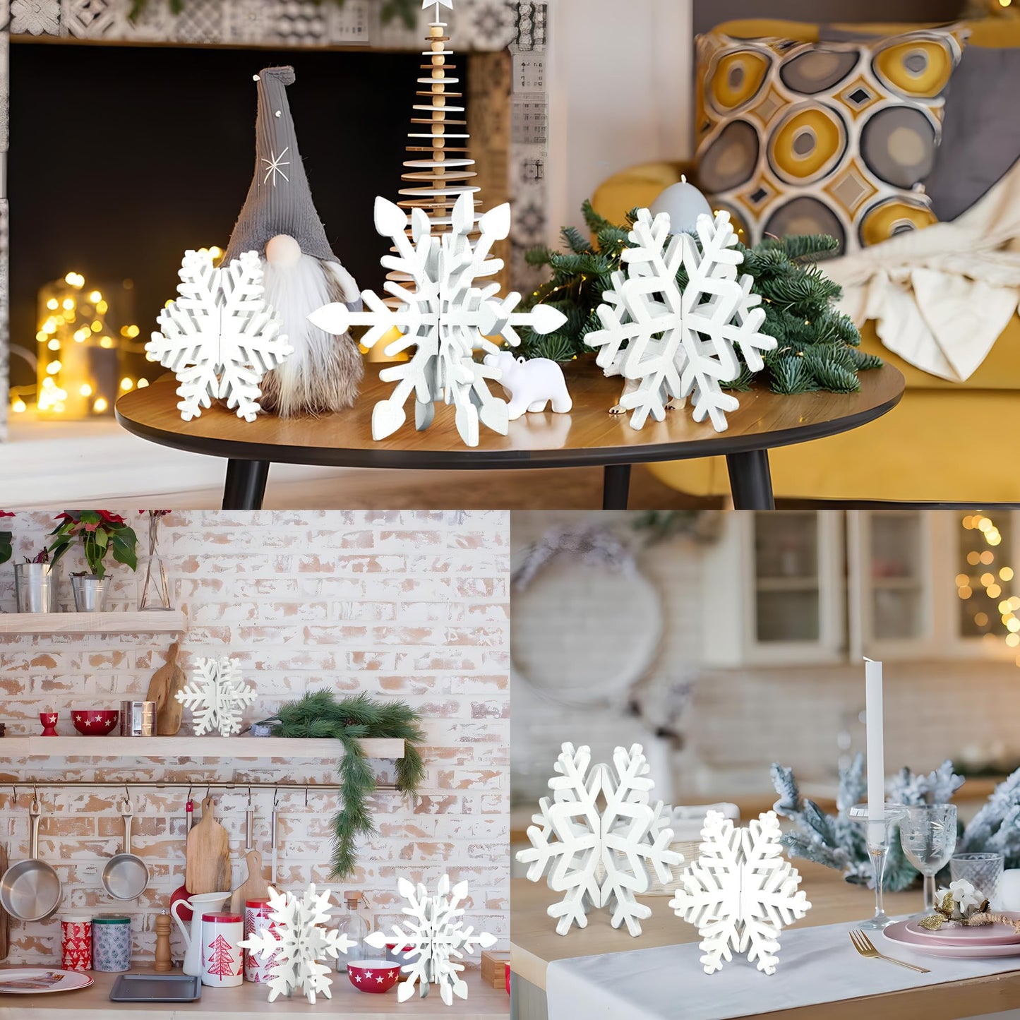 16 Pcs Christmas Wooden Decor Winter 3D Snowflake Tabletop Sign Tiered Tray Decorations White Snowflake Wood Blocks Centerpiece for Xmas Wonderland Party Home Table Decor