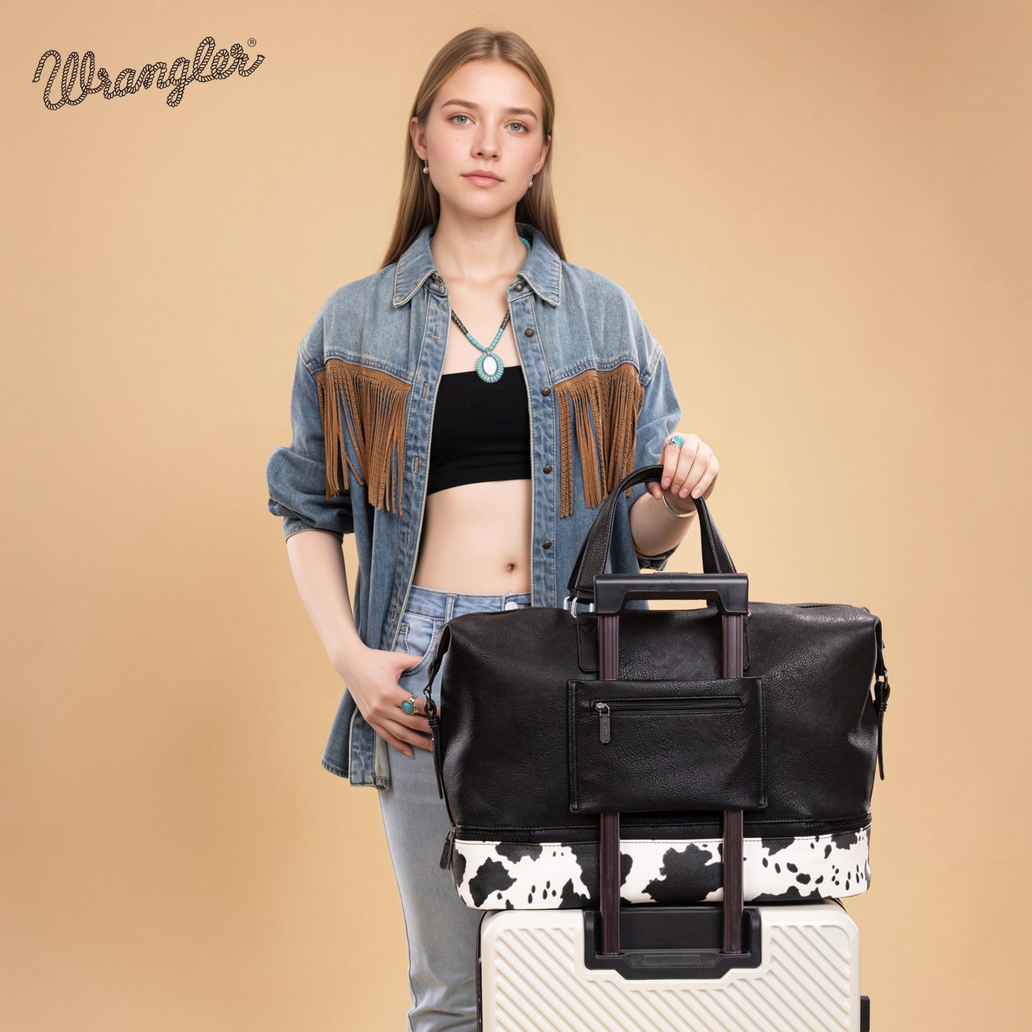 Wrangler Travel Duffel Bag Carry On Overnight Bag with Shoe Compartment Cow Print Weekender Bag for Women WG253-5110COW-BK