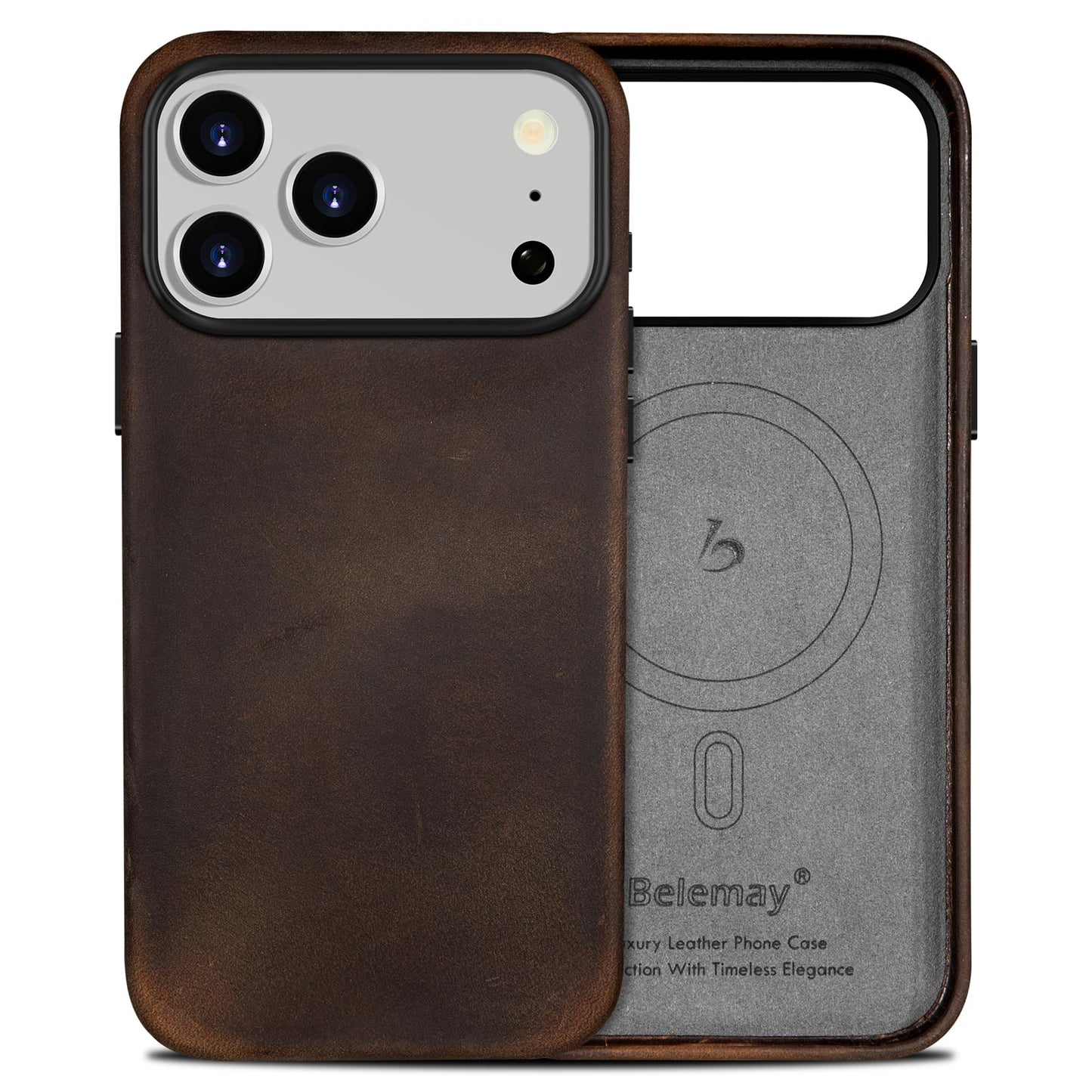 Belemay Handcrafted Crazy Horse Leather Case for iPhone 17 Pro Max, Compatible with MagSafe, Vintage Aesthetic, Two-Tone Effect, Unique Patina, Camera Control Button Coverage (6.9"), Rustic Brown