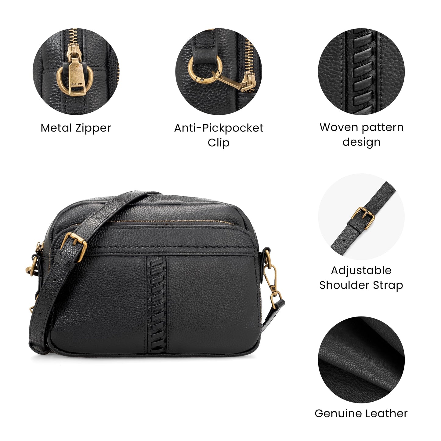 befen Black Leather Crossbody Purse for Women Trendy, Ladies Real Leather Rfid Bag with Adjustable Strap Built in Wallet Purses and Handbags,Structured Small Wallet Cross Body Summer Bags