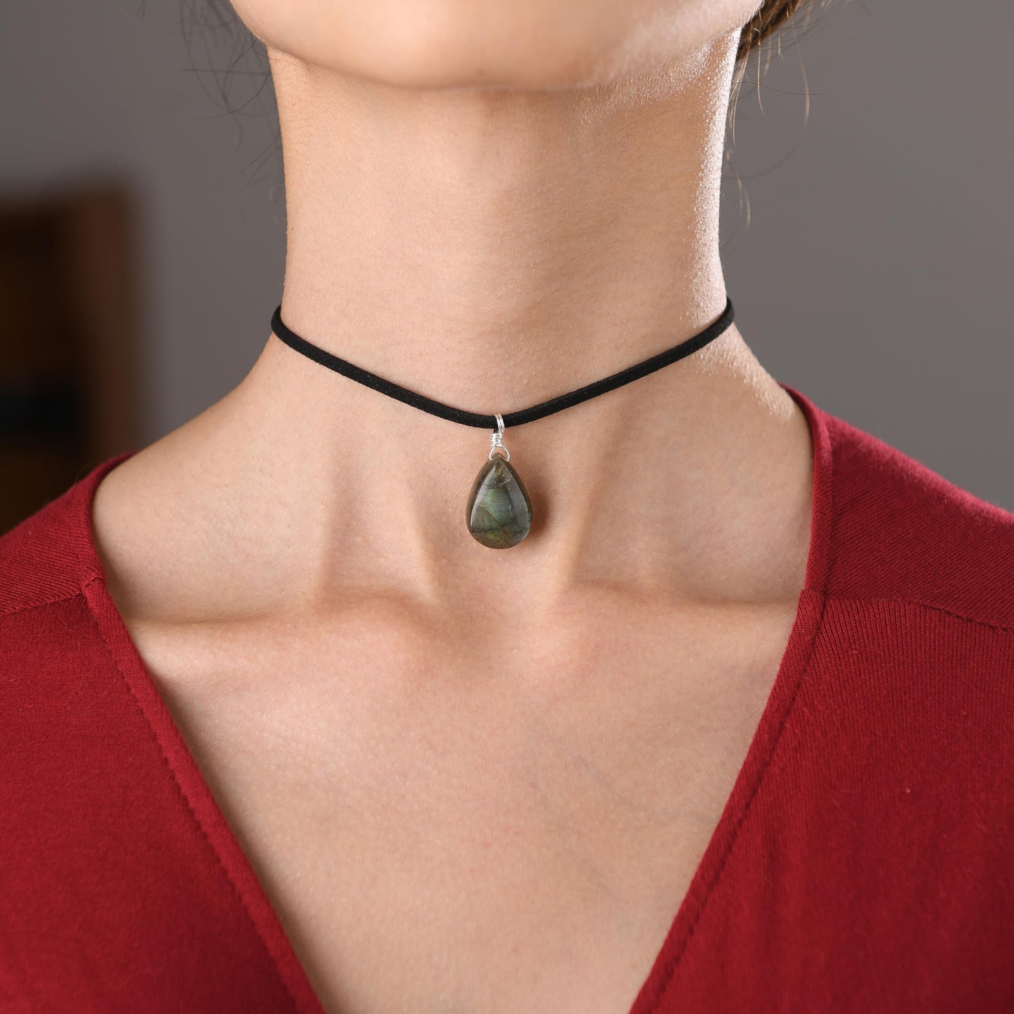 RareLove Black Leather Layering Choker Necklace for Women 925 Sterling Silver Teardrop Labradorite Stone Pendant Healing Crystal Necklace Gothic Boho Anxiety Jewelry