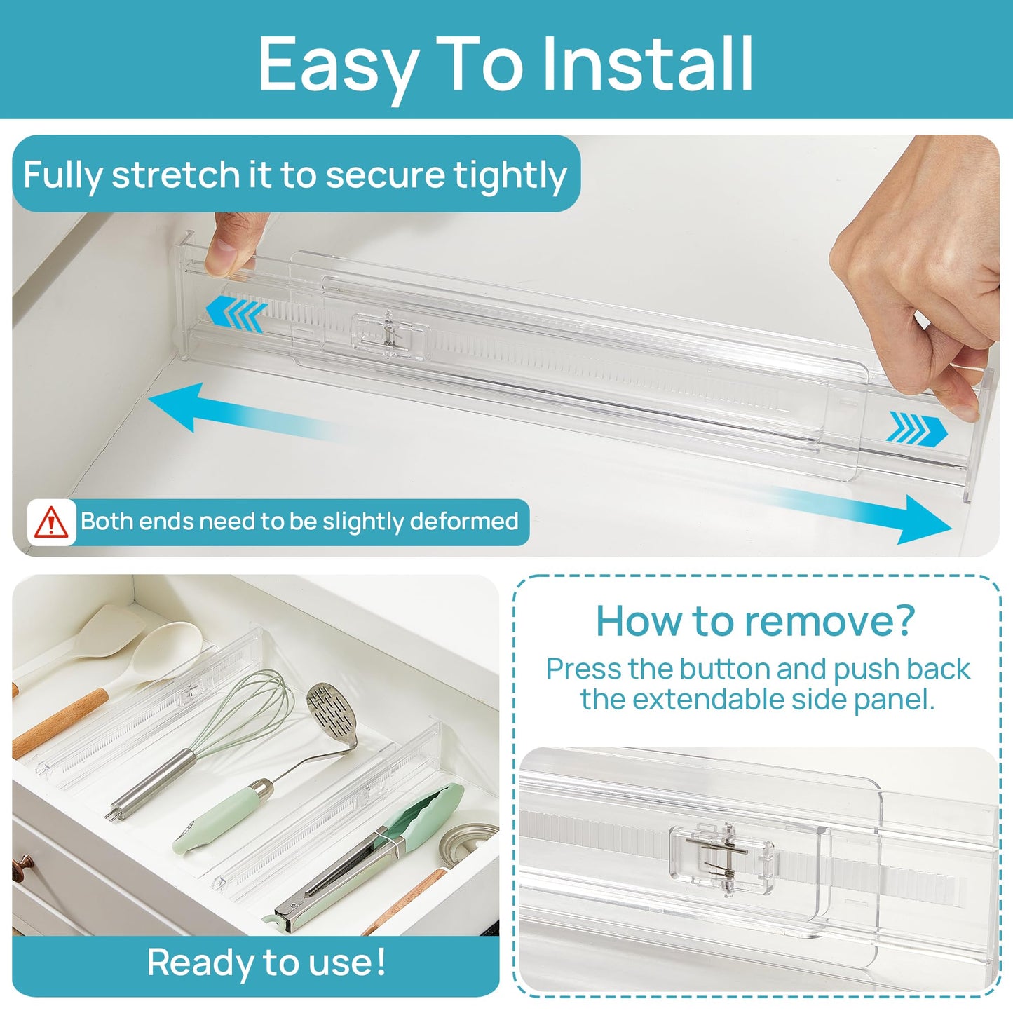 Vtopmart 8 Pack Shallow Drawer Dividers, 2.36" High 12.5"-20.8" Adjustable Expandable Kitchen Drawer Organizer, Clear Plastic Organizer Separators for Flatware, Utensil, Cutlery, Underwear, Clothes