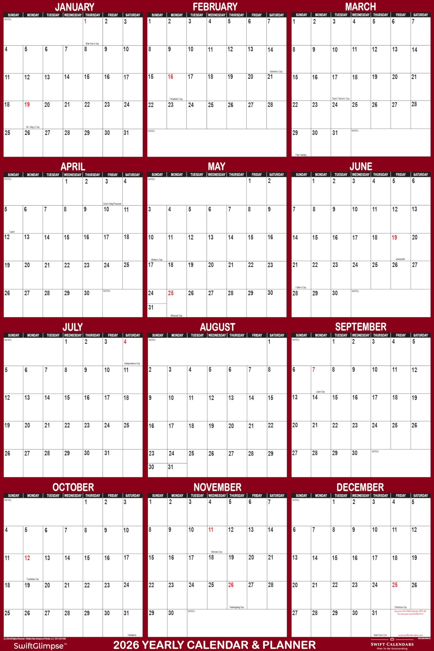 32" x 48" SwiftGlimpse 2026 Wall Calendar Erasable Jumbo XL Wet & Dry Erase Laminated 12 Month Annual Yearly Wall Planner, Reversible, Horizontal/Vertical, Maroon